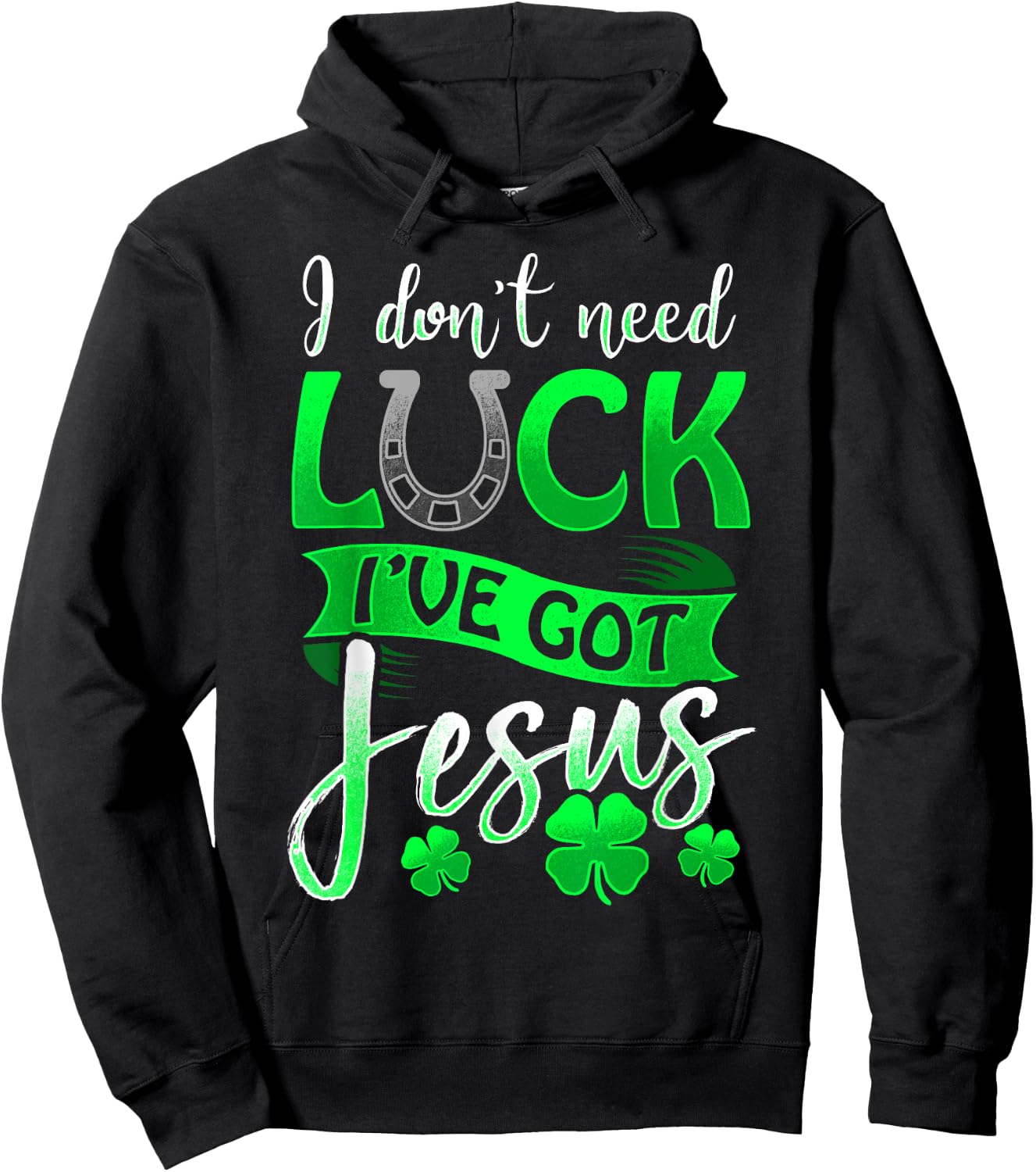 Lucky Irish Holiday by 3C St. Patrick's Day Christian Black Cotton/Polyester , Small, Short Sleeve, Round Neck, Casual, All Seasons, Letter Print, Horse & Jesus Theme Hoodie - Hoodie | Black