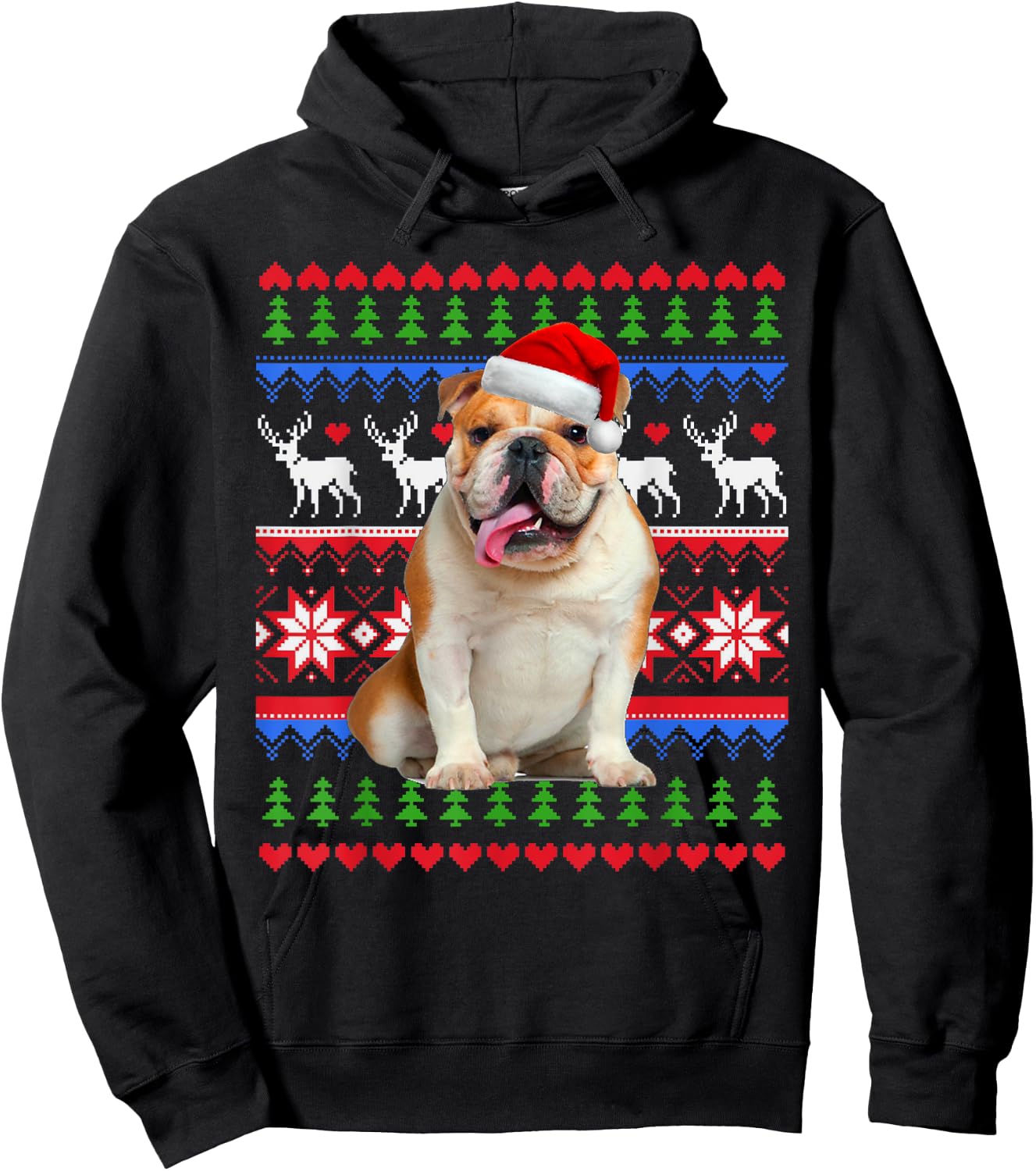 Santa English Bulldog Christmas Light Ugly Christmas Sweater Women Kids Hoodie - Hoodie | Black