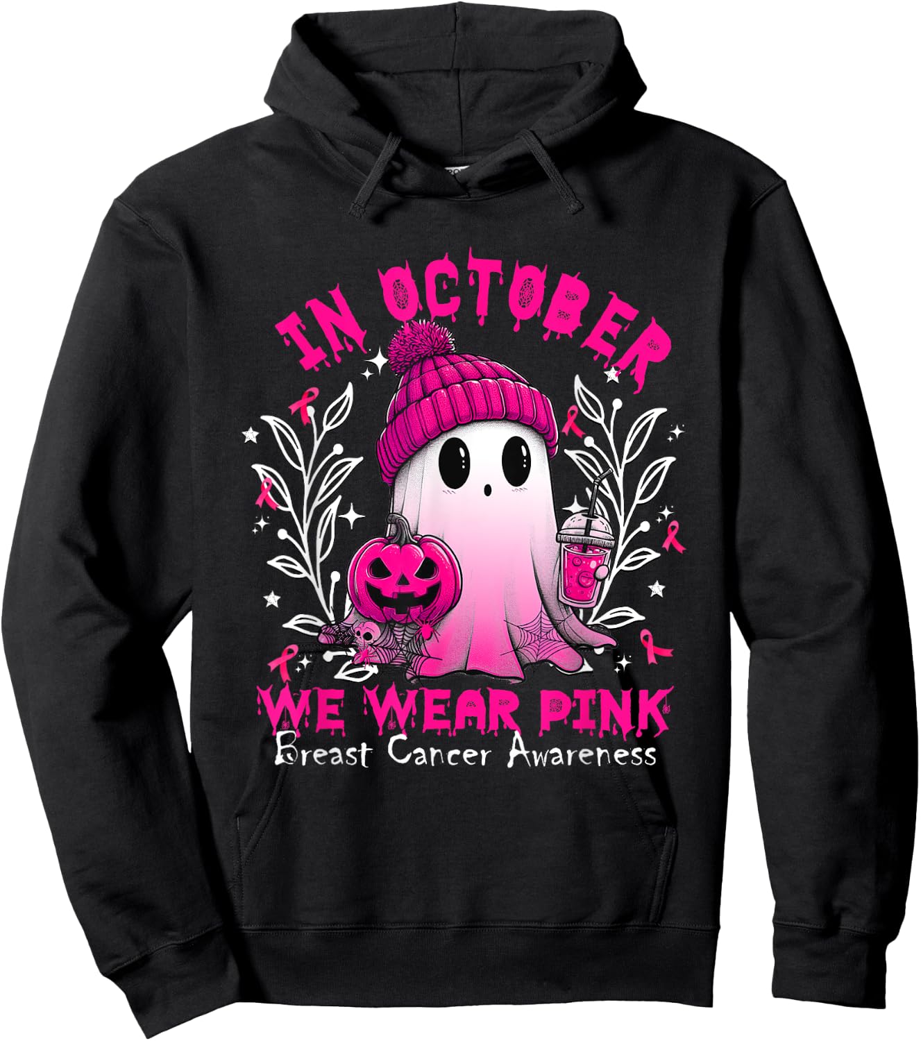 In October We Wear Pink Ghost Witch Breast Cancer Awareness Hoodie - Hoodie | Black