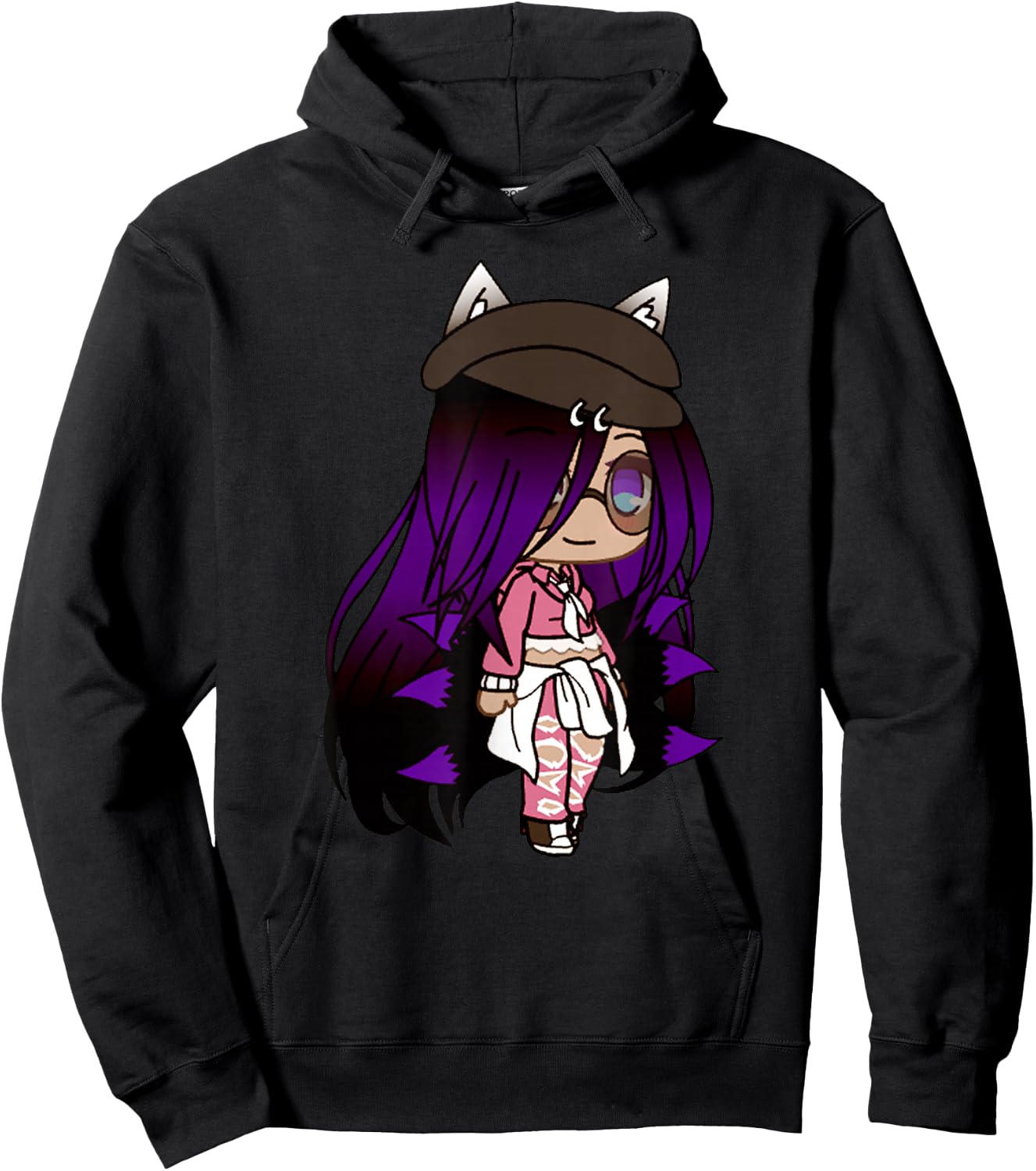 Cute Chibi Style Kawaii Anime Girl with Fox Ears and Tails Hoodie - Hoodie | Black