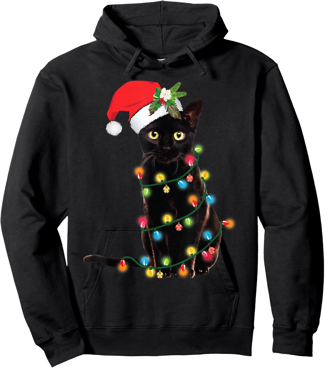Santa Black Cat Tangled Up In Christmas Tree Lights Holiday Hoodie - Hoodie | Black