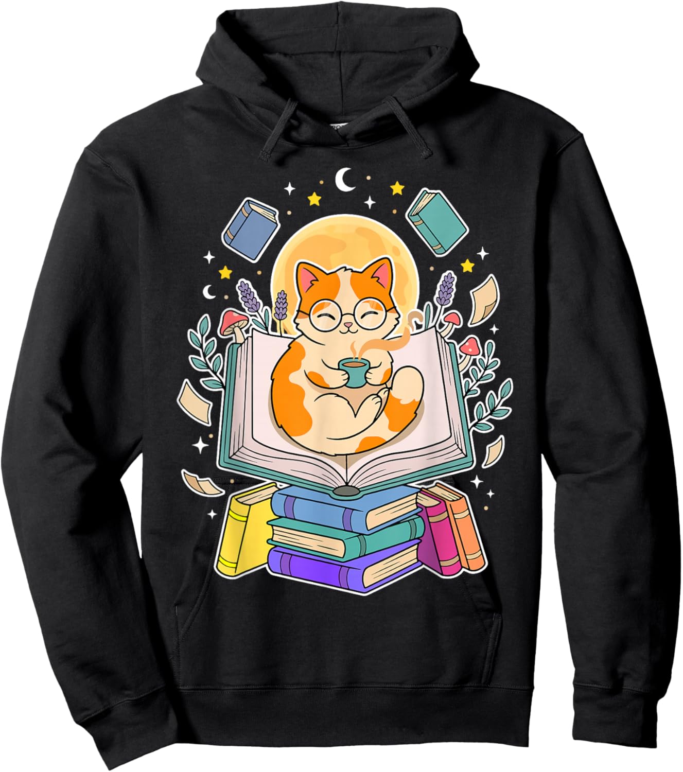 Cat Reading Book Lover Coffee Books Teacher Librarian Cat Hoodie - Hoodie | Black