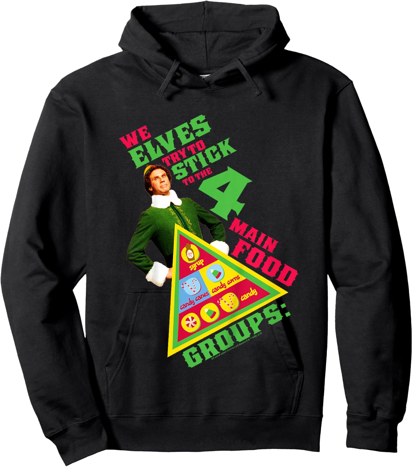 Kids Elf Buddy Four Main Food Group Pyramid Text Portrait Hoodie - Hoodie | Black