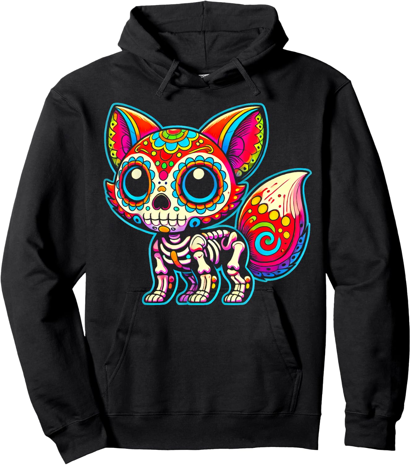Colorful Sugar Skull Fox Day of the Dead Skeleton Art Lover Hoodie - Hoodie | Black