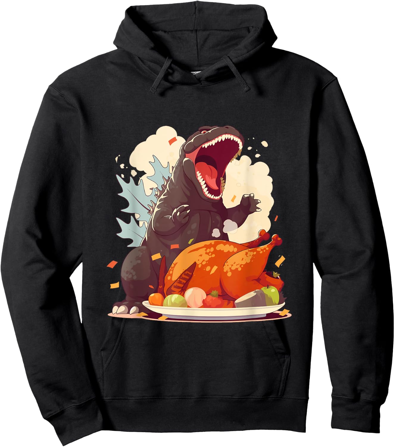 Kaiju Monsters Doing Everyday Things Hangry Kaiju Ready for Thanksgiving Turkey Feast -Adults Hoodie - Hoodie | Black
