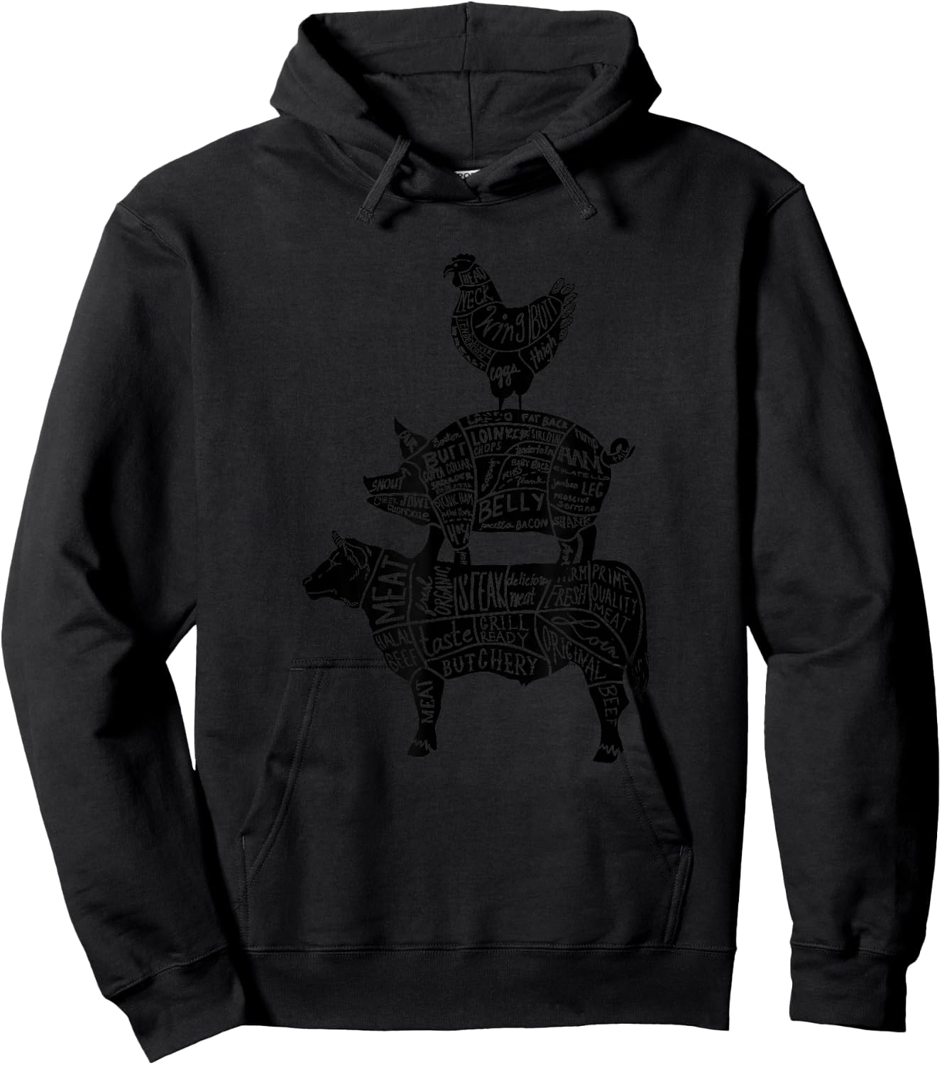 Cow Pig Chicken Parts Retro Beef Pork Poultry Meat Cuts Gift Hoodie - Hoodie | Black