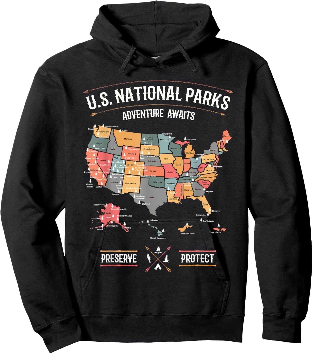 US National Parks Map Preserve Protect Hiking Camping Gift Hoodie - Hoodie | Black