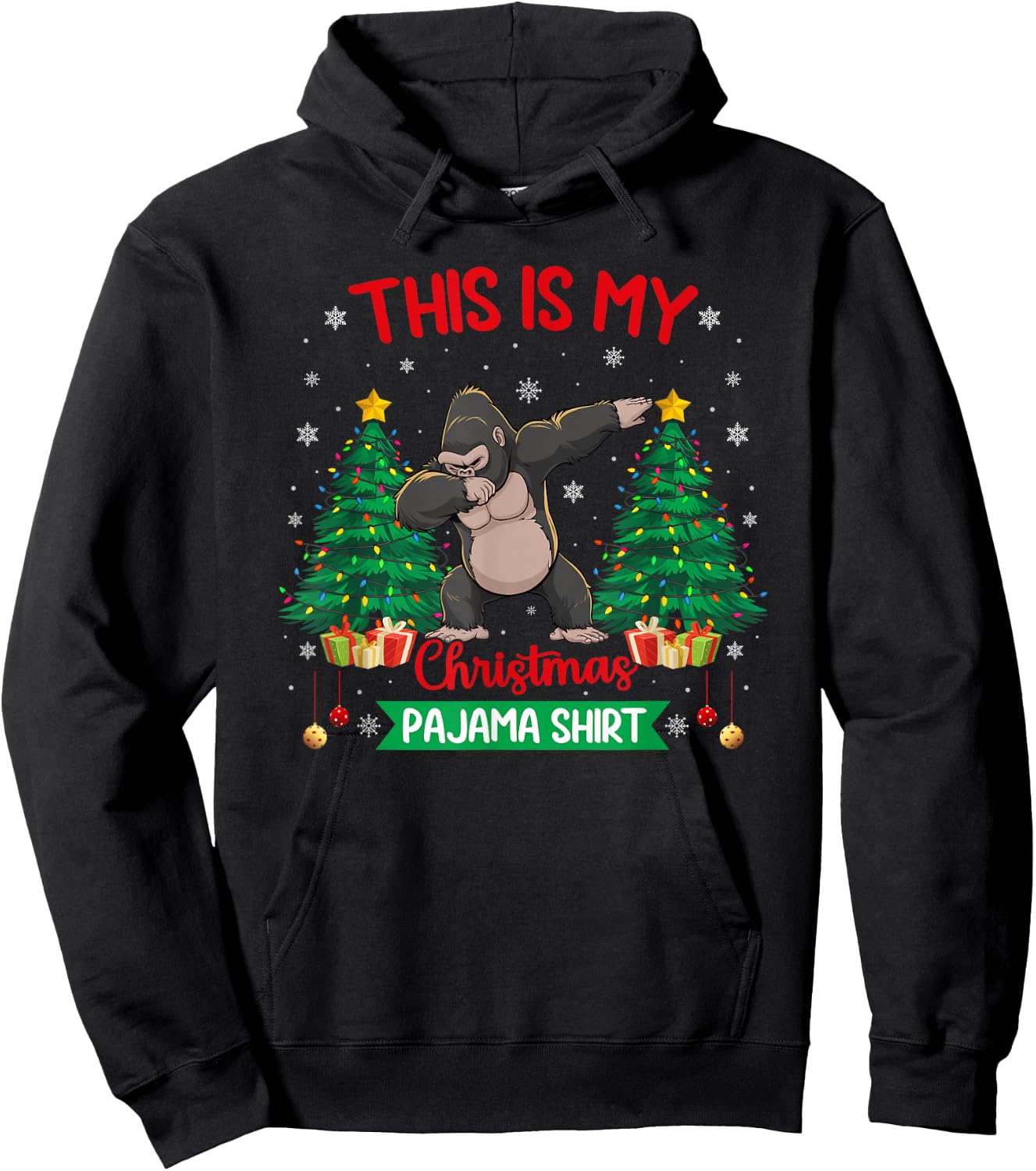 Dabbing Gorilla Christmas Tree Lights Matching Pajamas Hoodie - Hoodie | Black