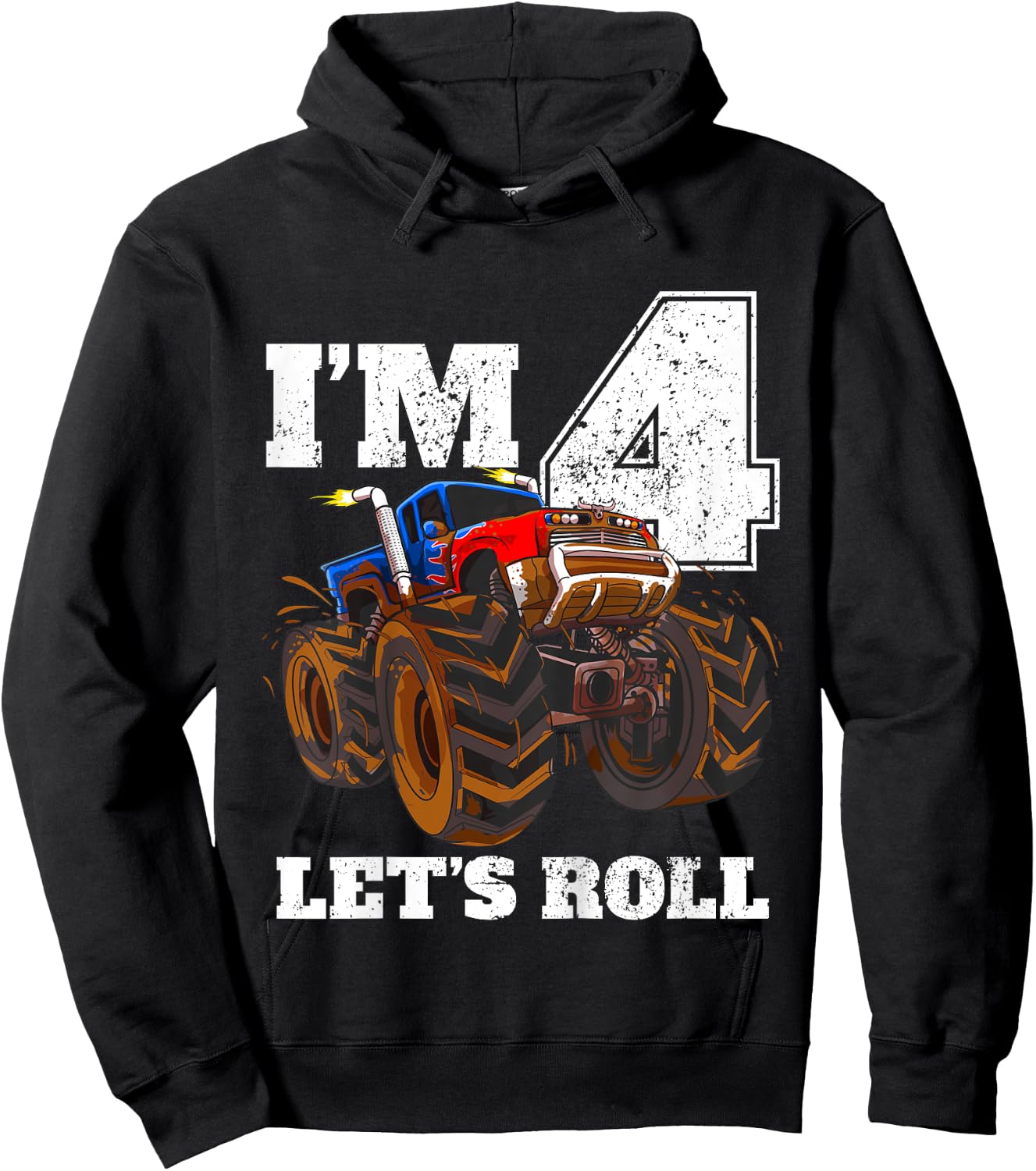 Kids Monster Truck 4th Birthday Boy 4 Four Year Old Hoodie - Hoodie | Black