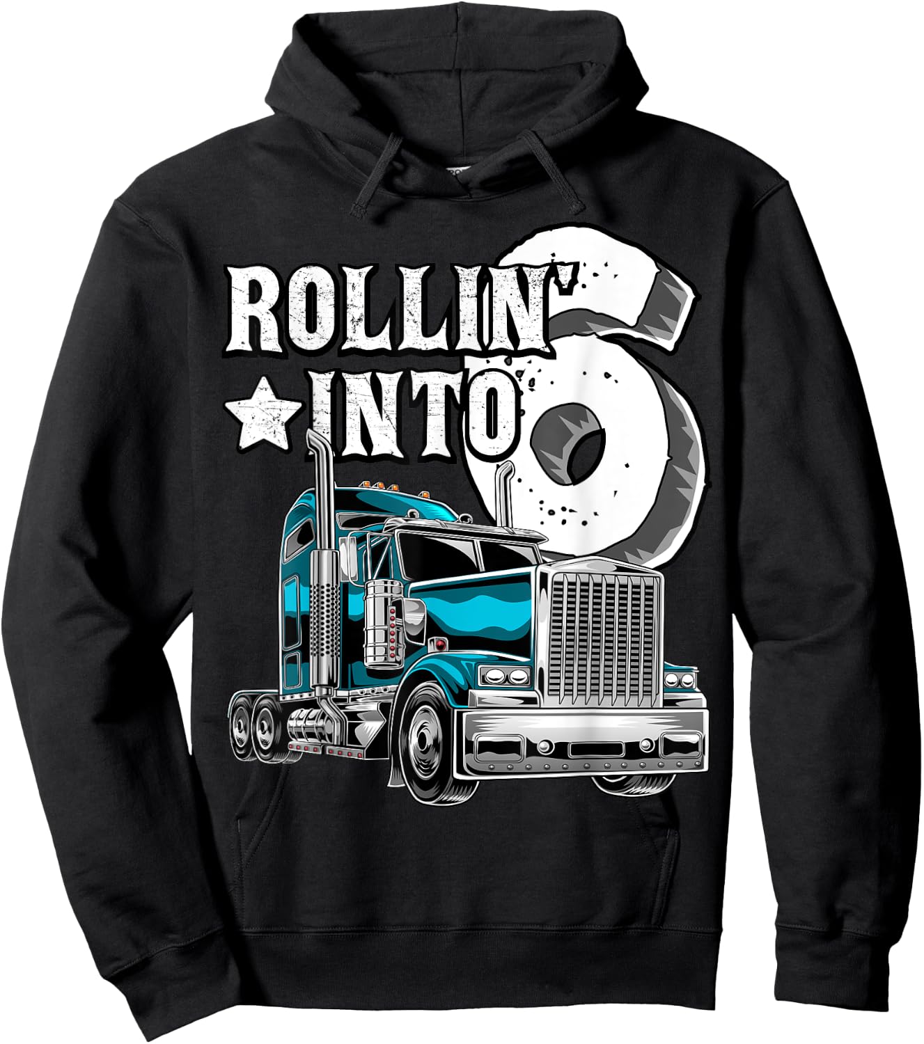 Rollin into 6 Big Rig Semi-Trailer Truck 6th Birthday Gift Hoodie - Hoodie | Black