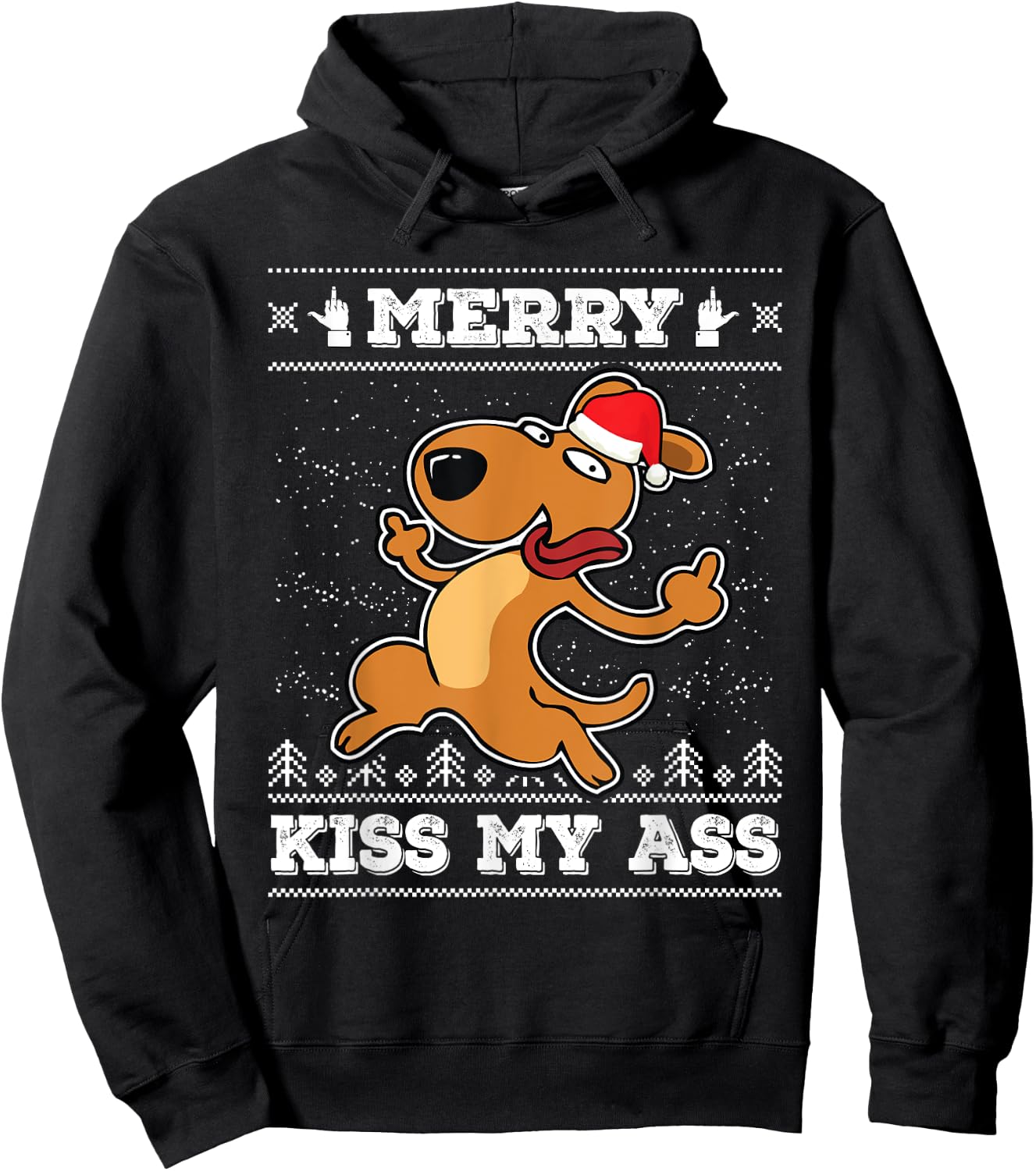 Merry Kiss My Ass Dog Santa Hat Ugly Christmas Hoodie - Hoodie | Black