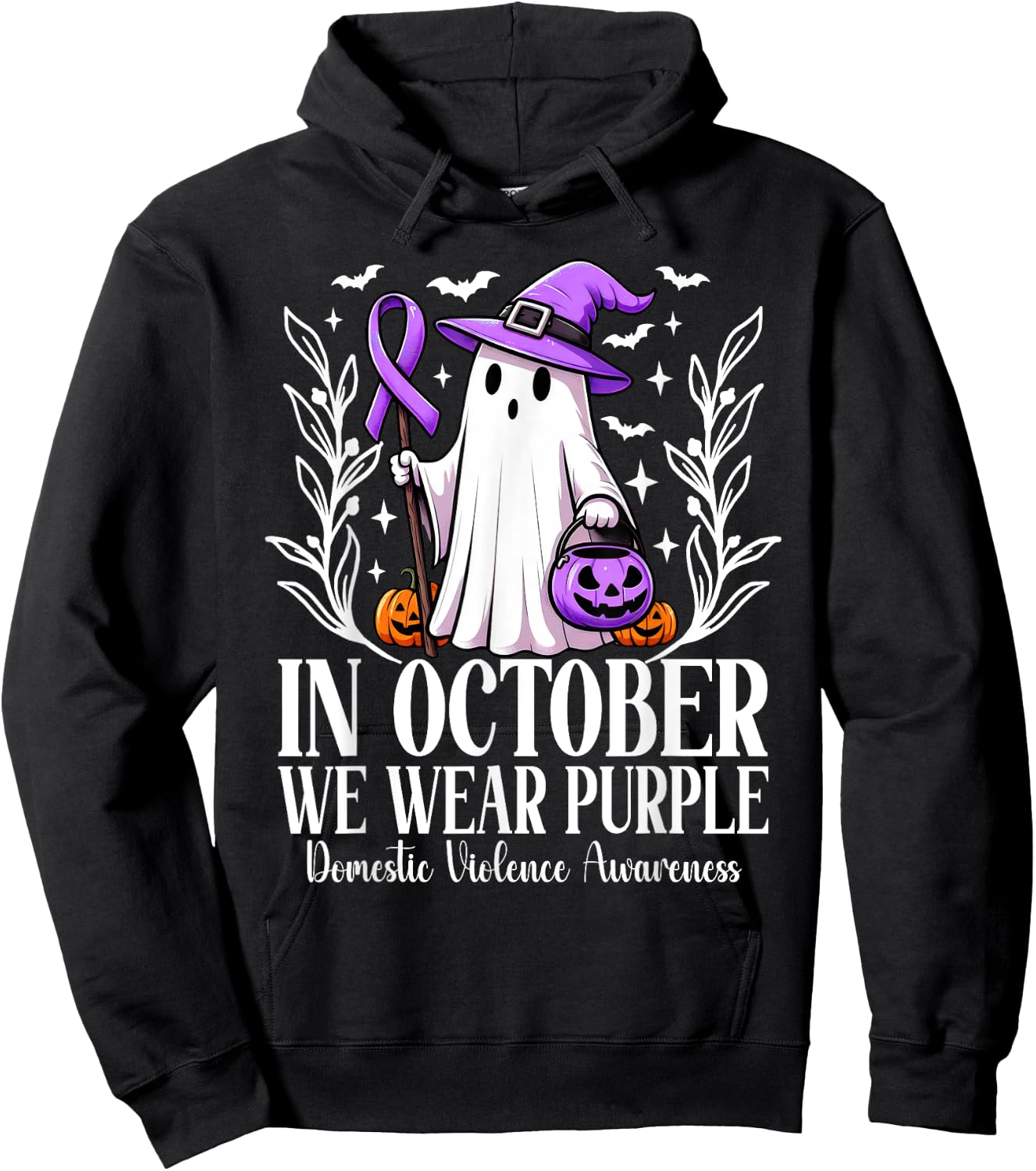 In October We Wear Purple Domestic Violence Ghost Halloween Hoodie - Hoodie | Black
