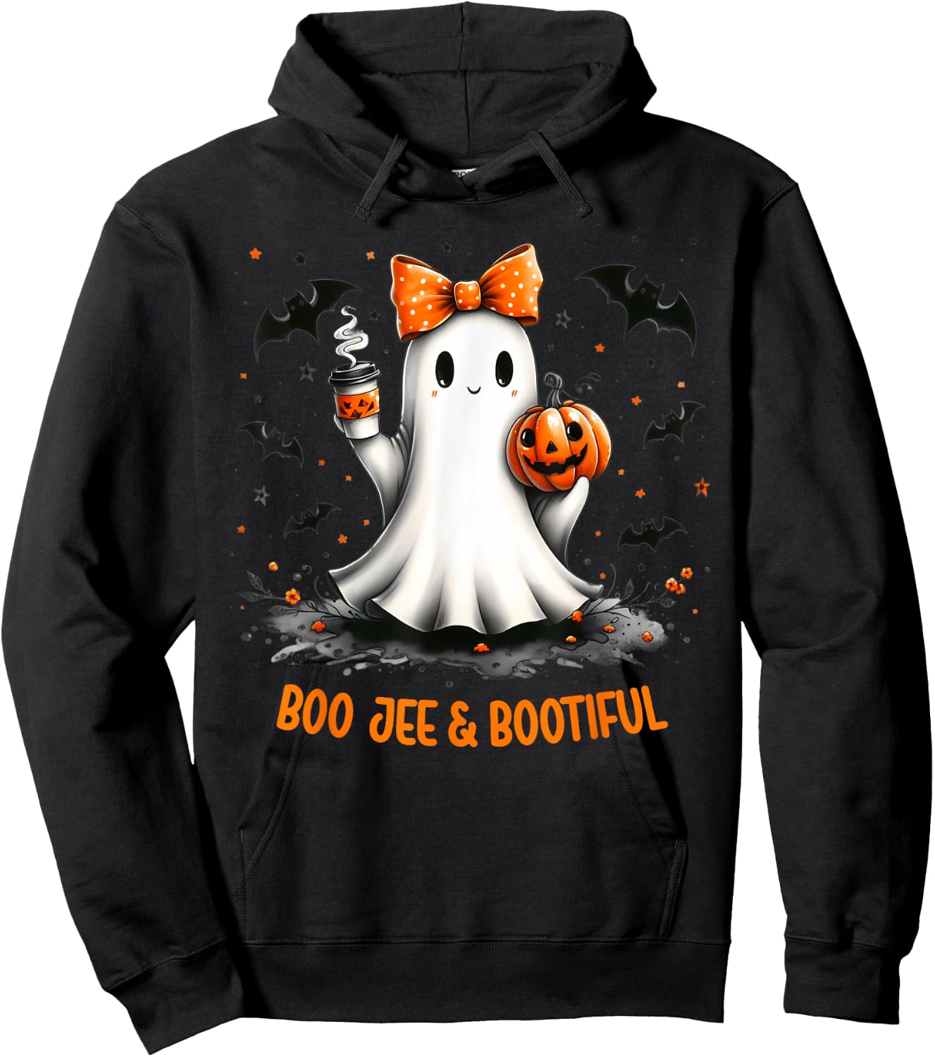Boo Jee Ghost Drinking Coffee Coquette Bow Halloween Women Hoodie - Hoodie | Black