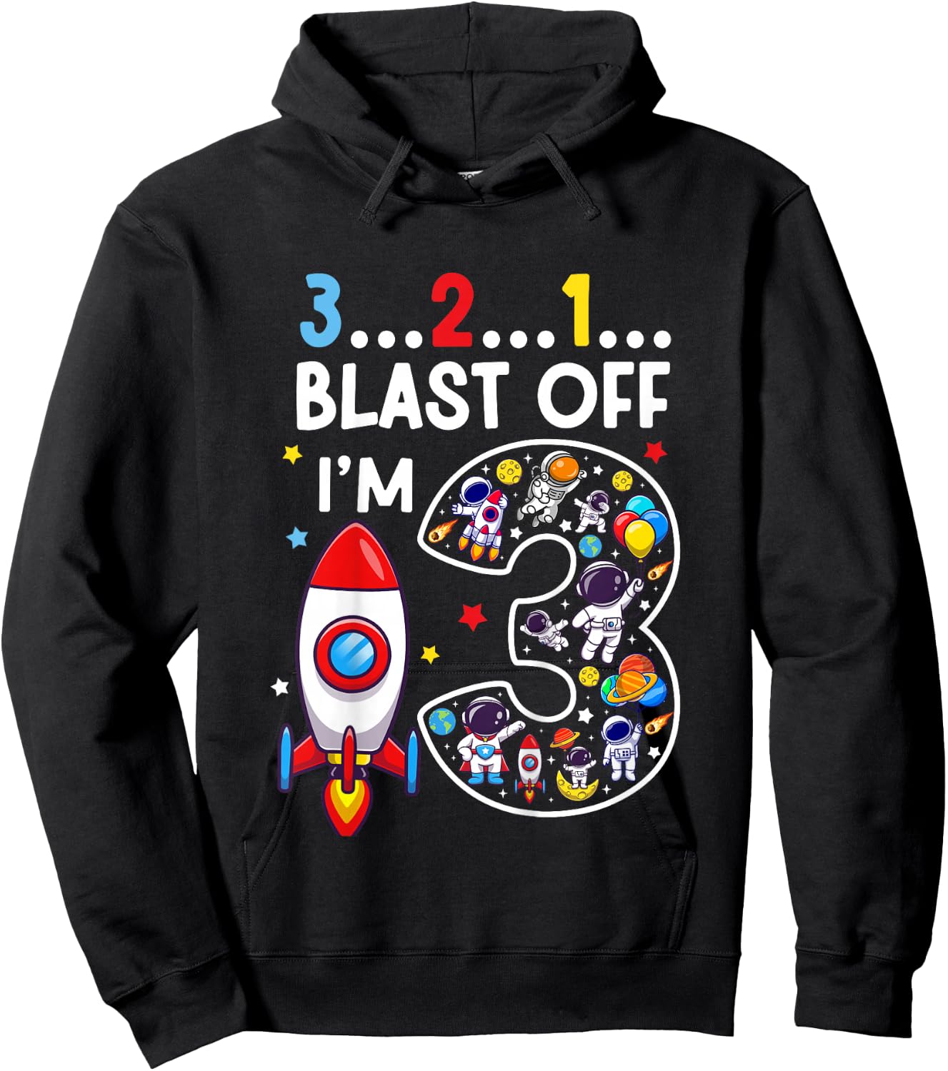 Kids 3 Year Old Astronaut Outer Space Birthday 3rd Birthday Boys Hoodie - Hoodie | Black