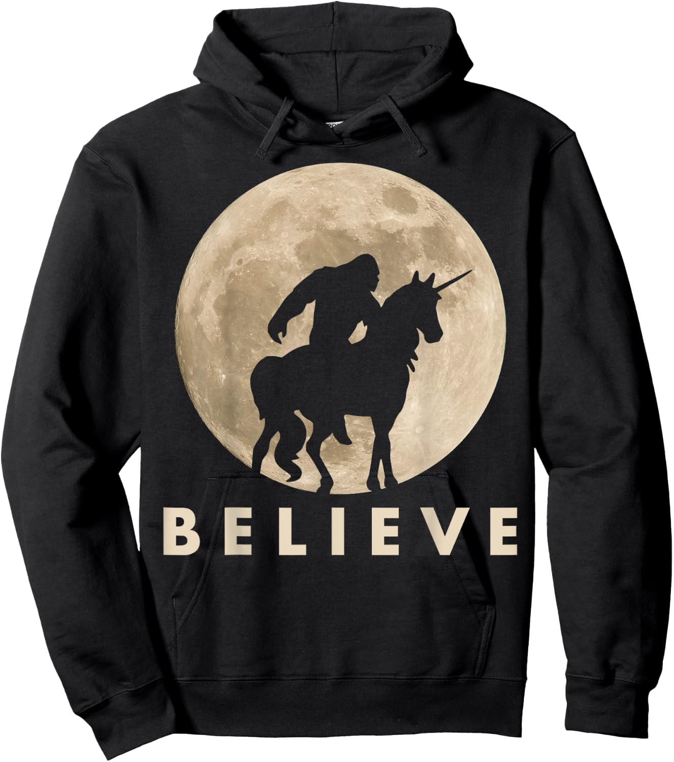 Bigfoot Riding a Unicorn Against a Full Moon Shirt, Believe! Hoodie - Hoodie | Black