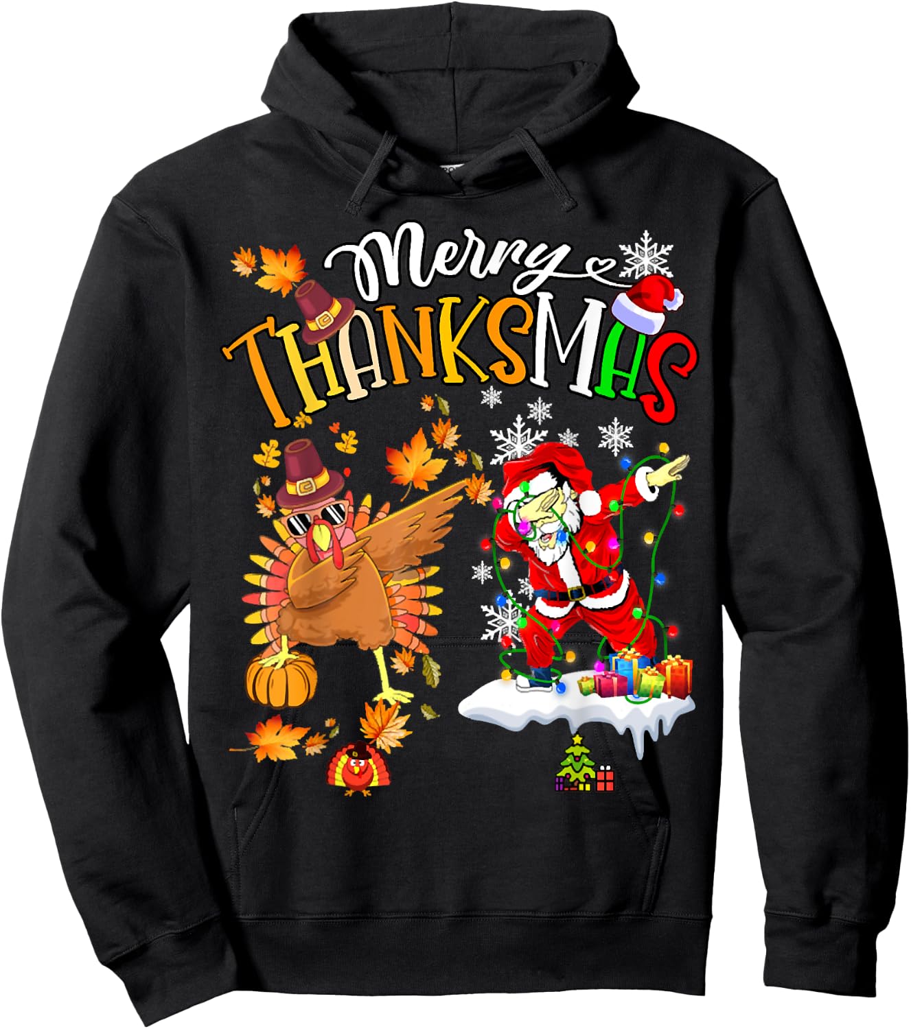 Merry Thanksmas Thanksgiving Christmas, Turkey Santa Dabbing Hoodie - Hoodie | Black