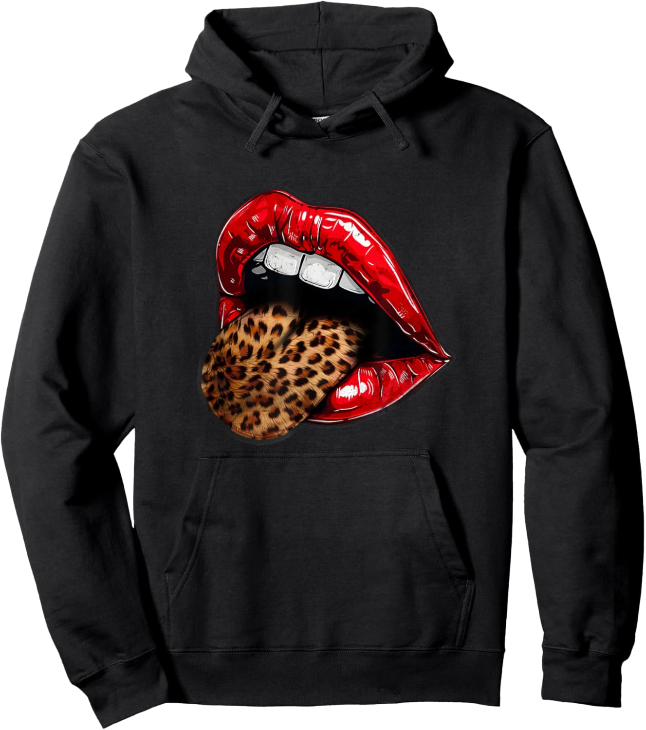 Red Lips Leopard Tongue - Vintage Animal Print Graphic Hoodie - Hoodie | Black