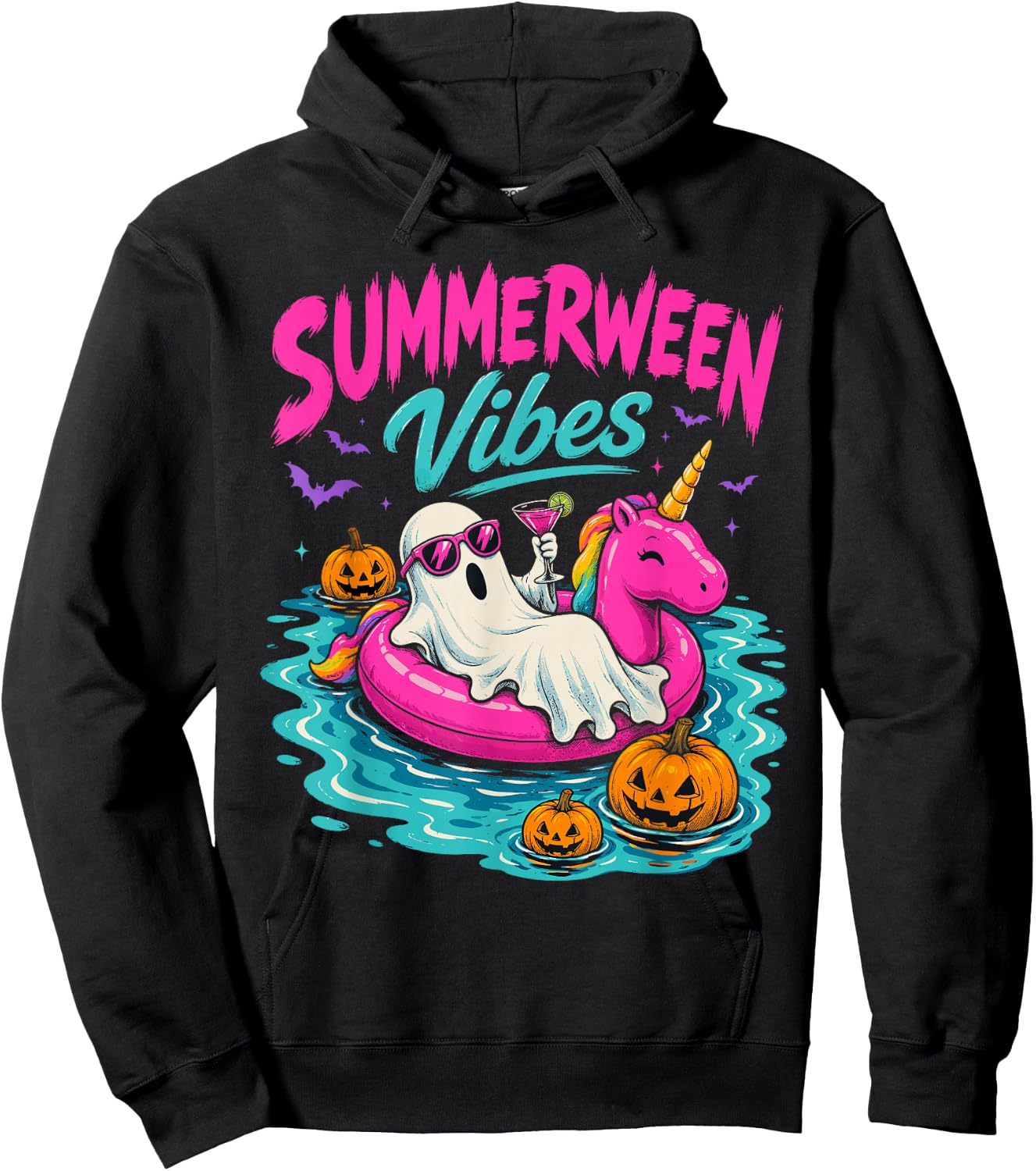 Summerween Vibes Spooky Ghost Unicorn Beach Halloween Girls Hoodie - Hoodie | Black