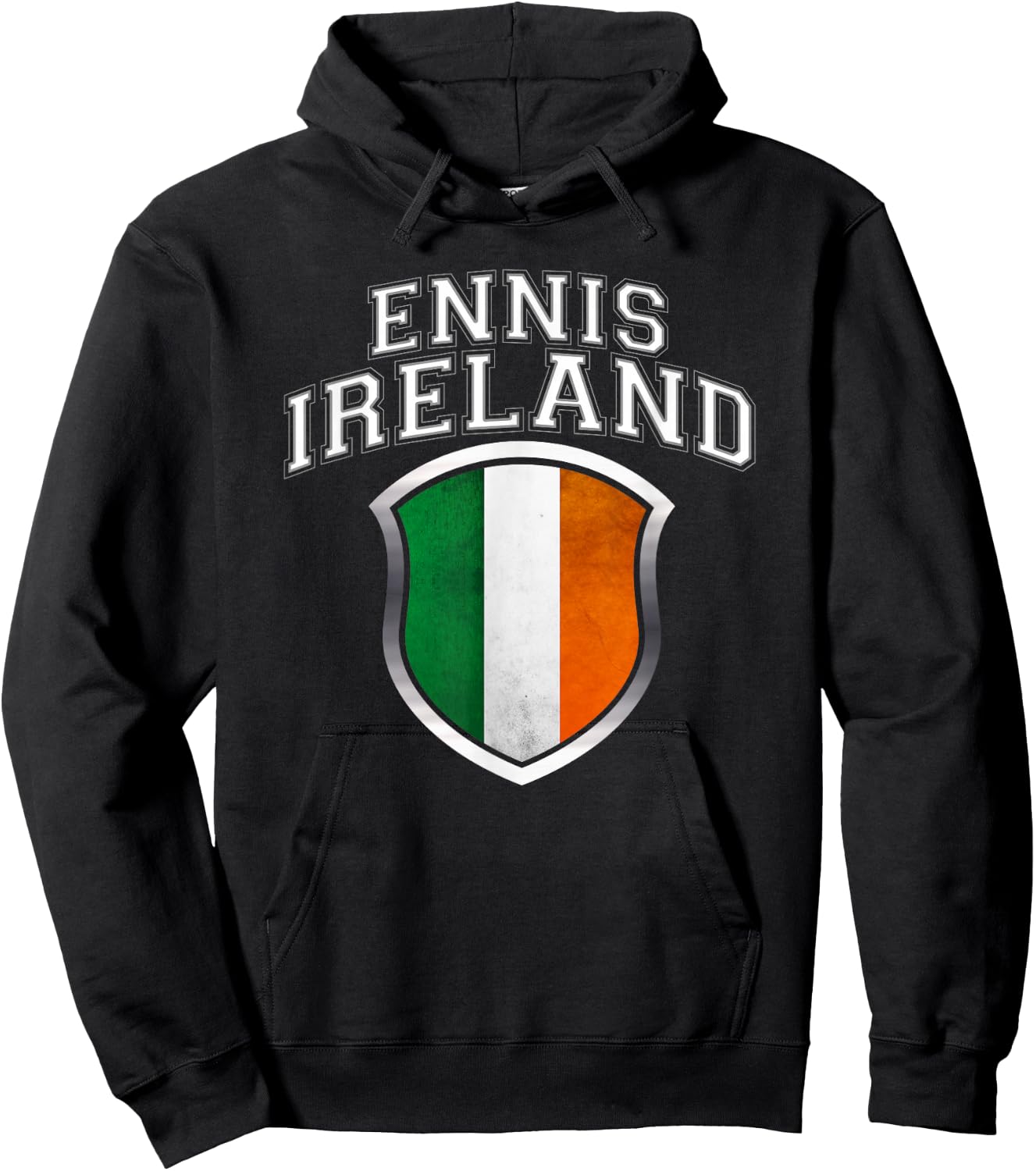 Ennis Ireland T Shirt with Grunge Irish Flag Crest Hoodie - Hoodie | Black