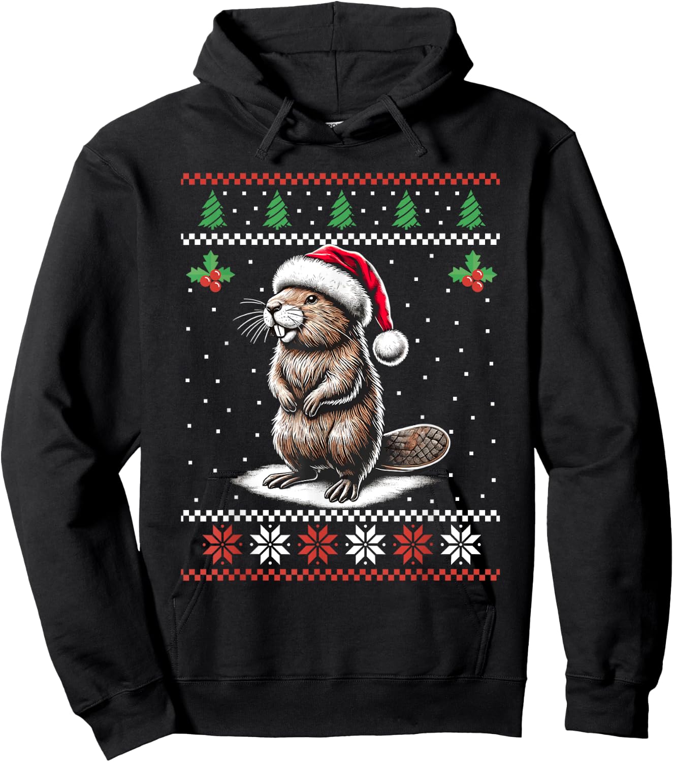Beaver Santa Hat Ugly Christmas Sweater Xmas Hoodie - Hoodie | Black