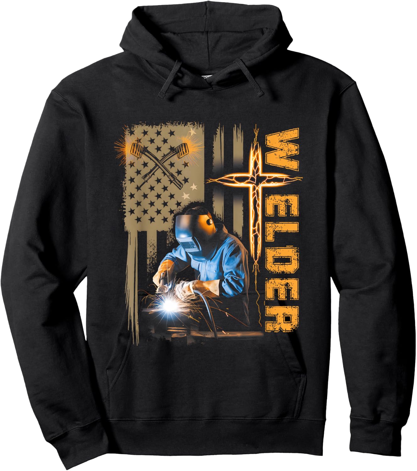 Welder American Flag Welding Faith Cross Christian Religious Hoodie - Hoodie | Black