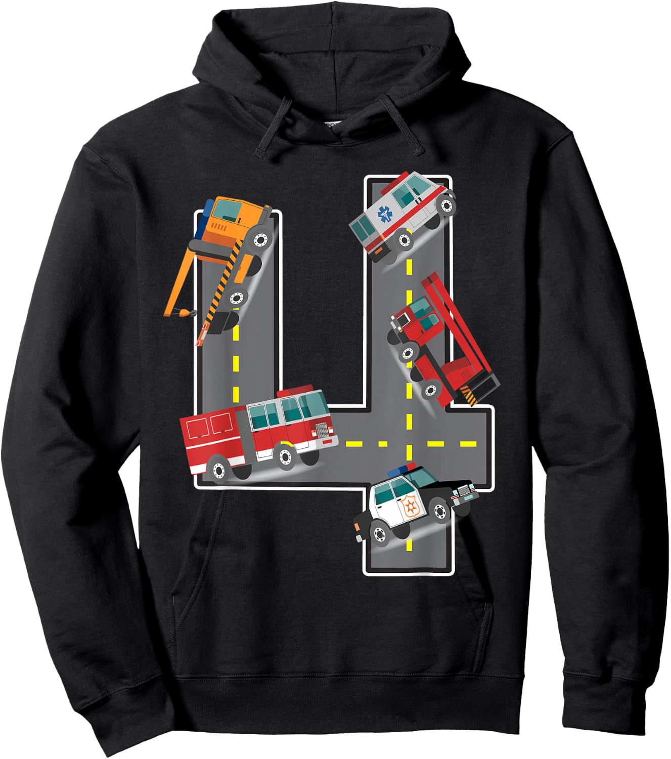 Four Year Old 4th Birthday Fire Truck Ambulance Police Car Hoodie - Hoodie | Black