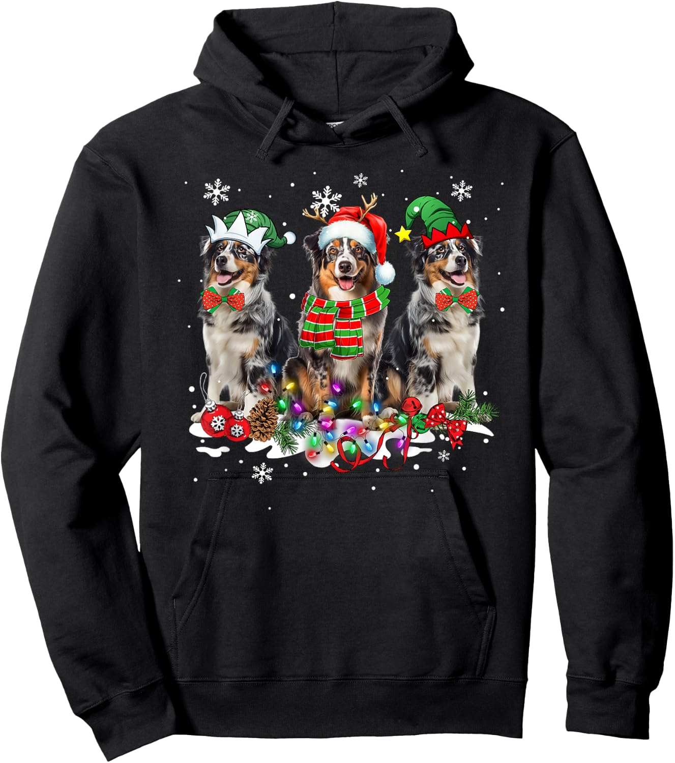 Funny Christmas Pajama Dog Australian Shepherd Dog Hoodie - Hoodie | Black