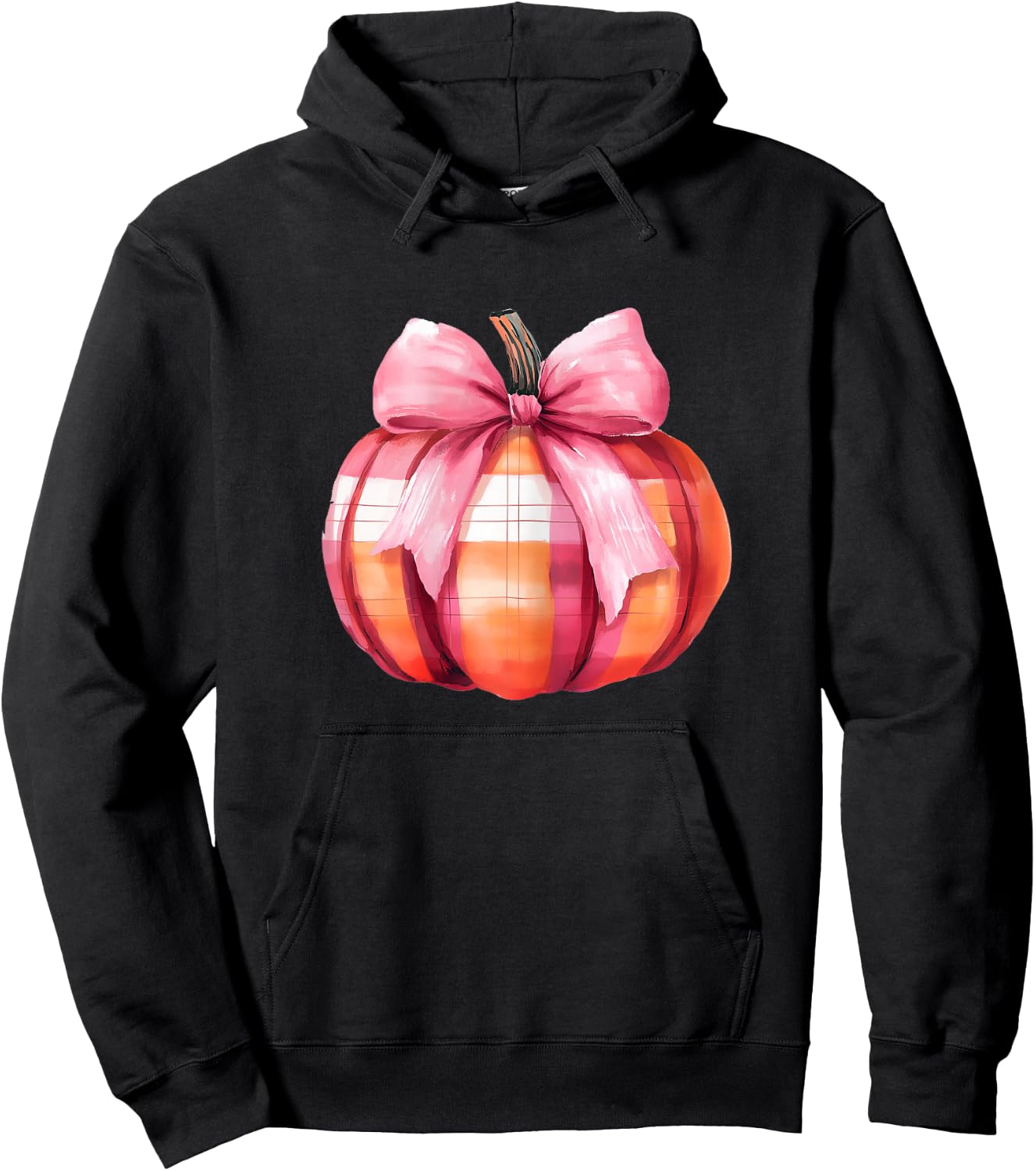 Watercolor Pumpkin Fall Halloween Plaid Pink Bow Graphic Hoodie - Hoodie | Black
