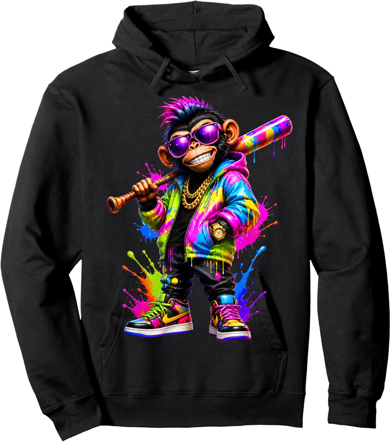 Monkey Baseball Drip Funny Animal Party Sport Cool Graphic Hoodie - Hoodie | Black