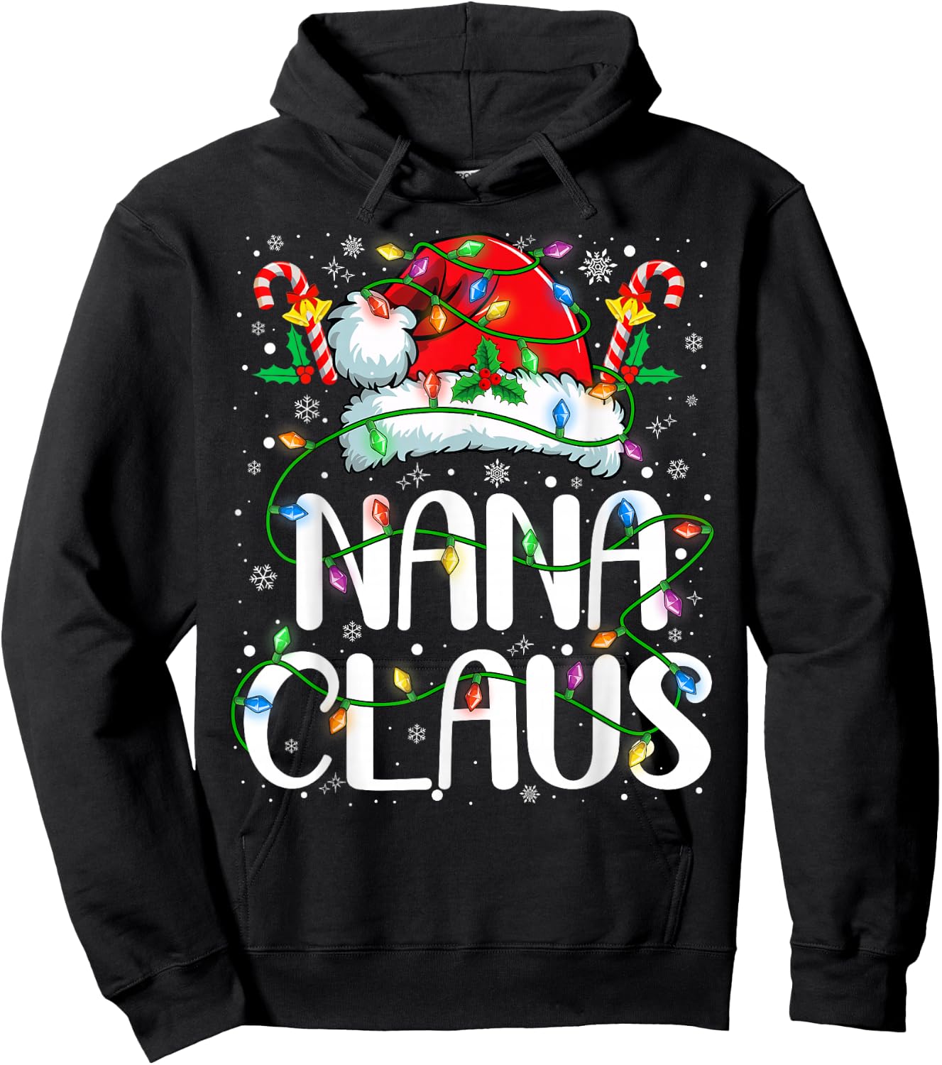 Nana Claus Christmas Lights Pajama Xmas Family Matching Hoodie - Hoodie | Black