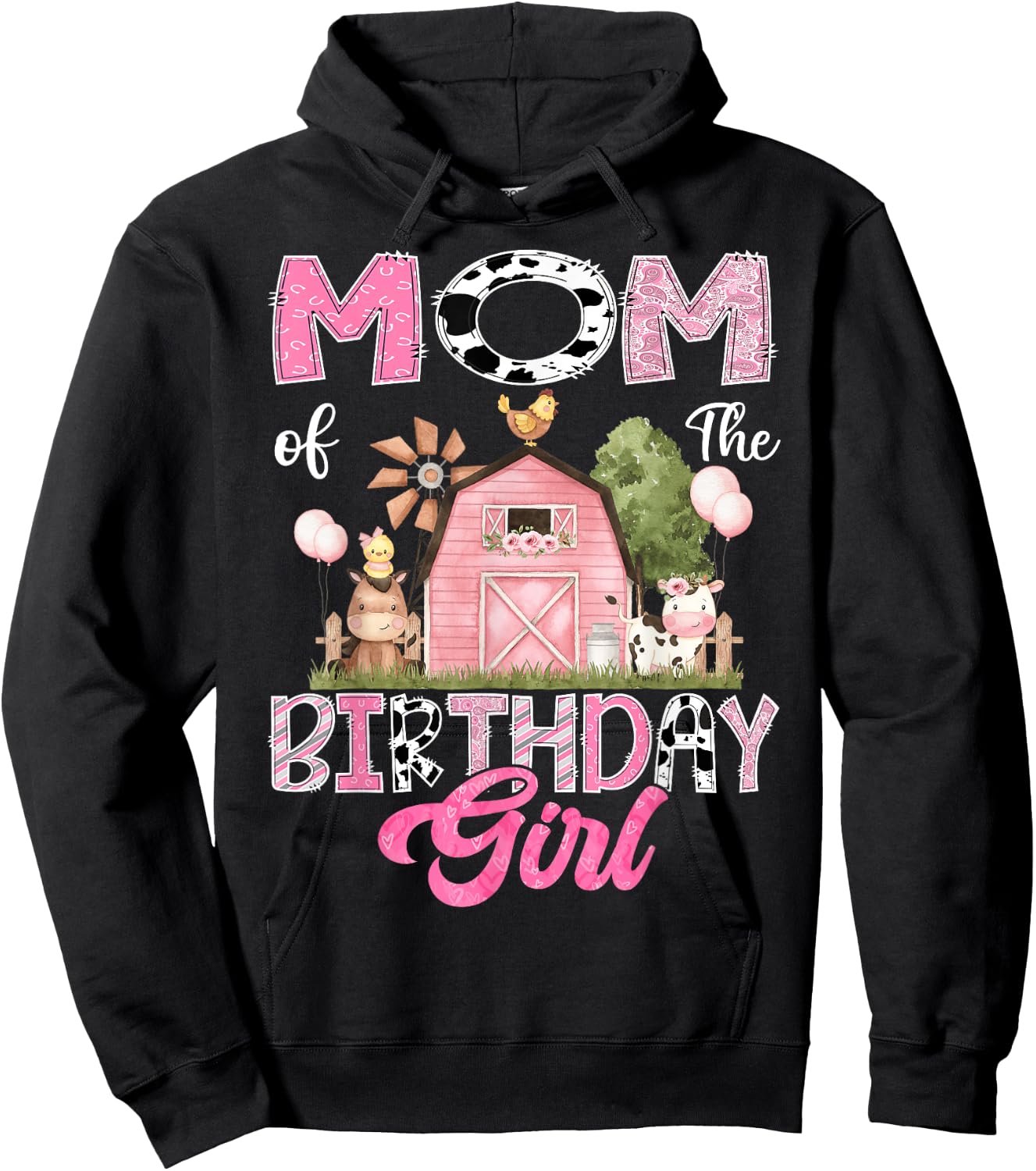 Mom Of The Birthday Girl Farm Cow Pink 1St Birthday Hoodie - Hoodie | Black