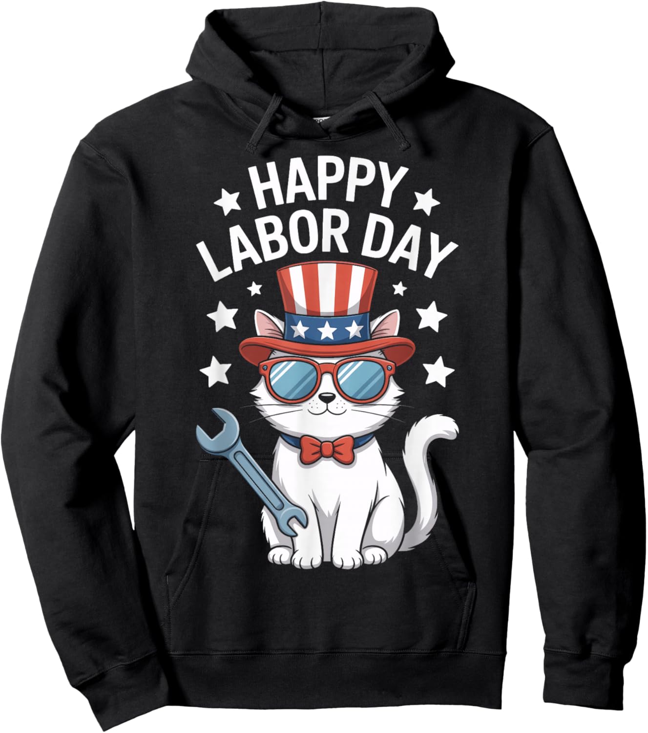 Happy Labor Day Patriotic Cat Wrench Stars Worker Humor Hoodie - Hoodie | Black