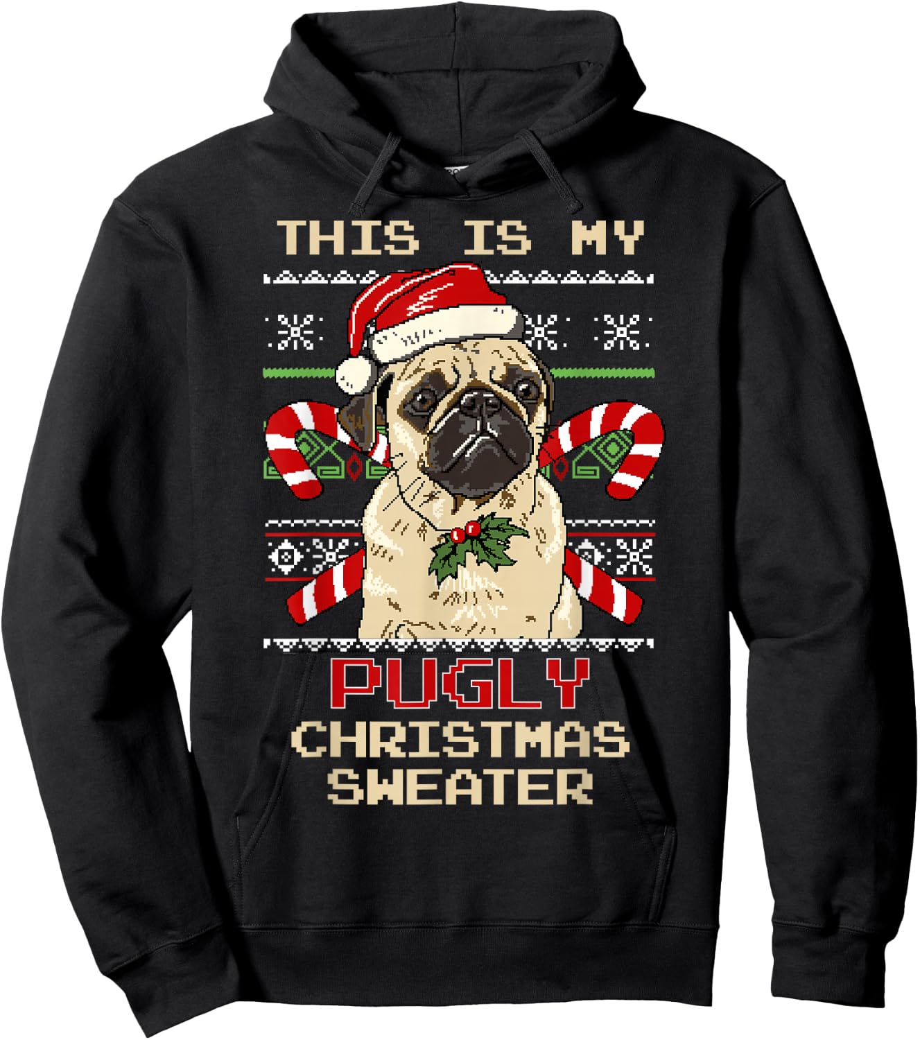 Ugly Christmas Sweater Pug Candy Cane Hoodie - Hoodie | Black