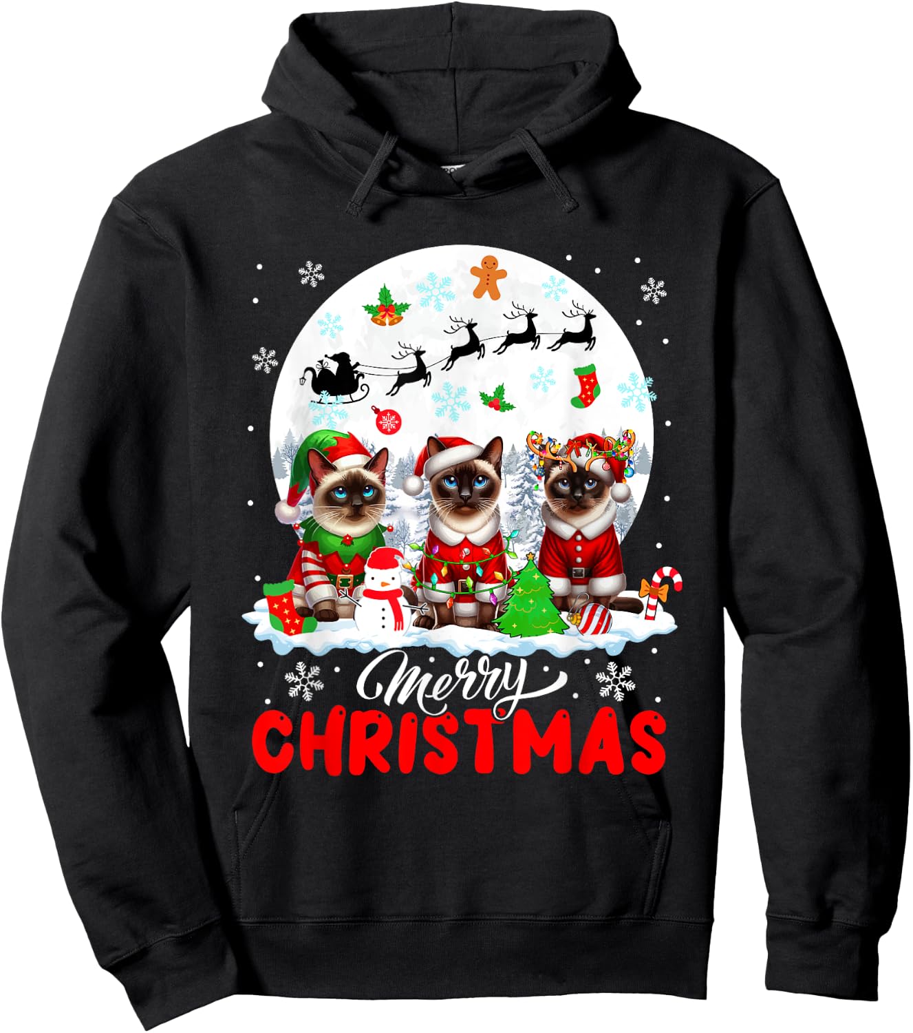 Merry Christmas Three Santa Elf Reindeer Siamese Cats Owner Hoodie - Hoodie | Black