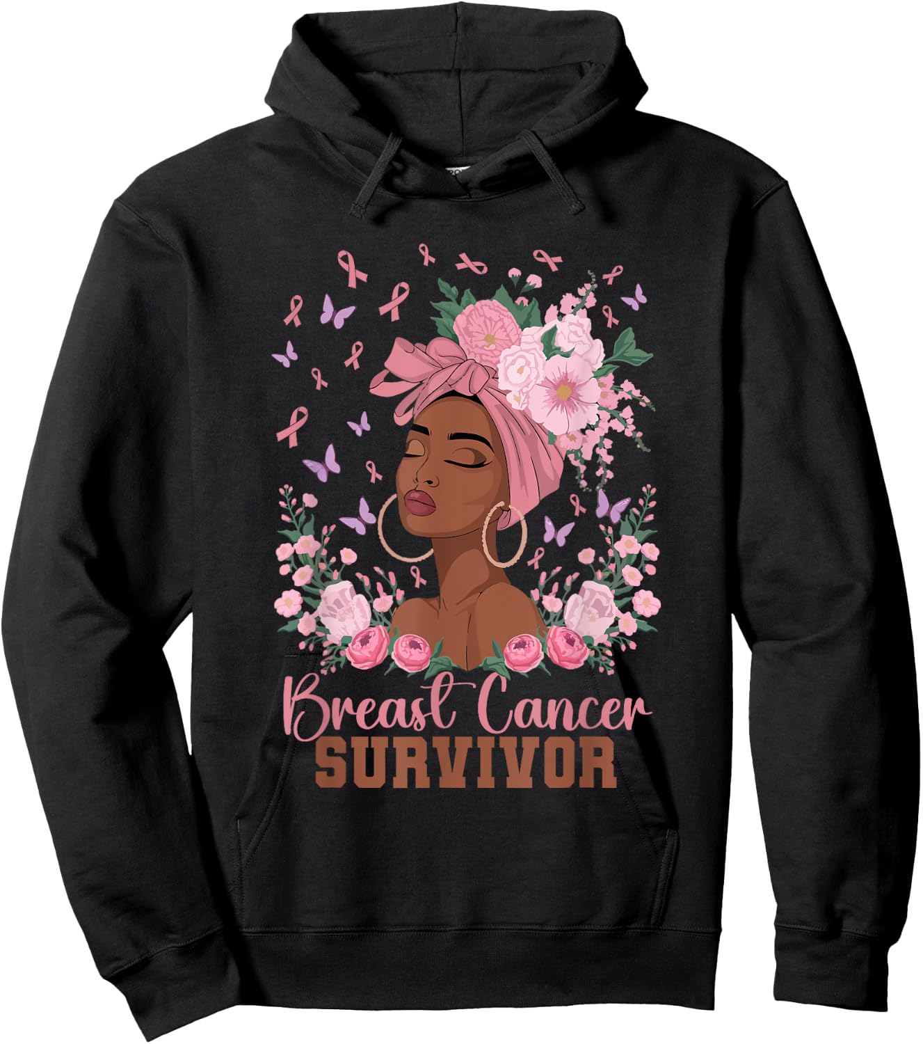 Black Woman Pink Ribbon October Breast Cancer Survivor Hoodie - Hoodie | Black