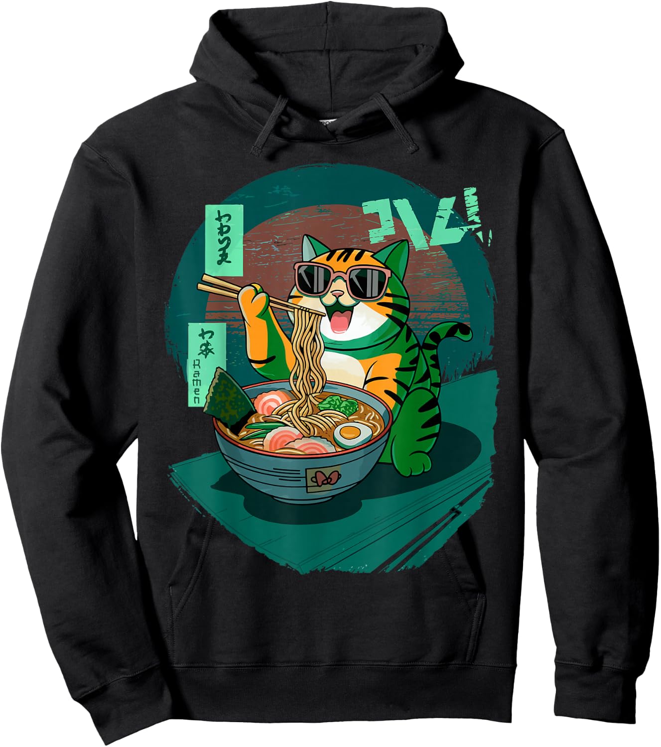 Funny Cat Eating Ramen Graphic Japanese Kawaii Anime Hoodie - Hoodie | Black