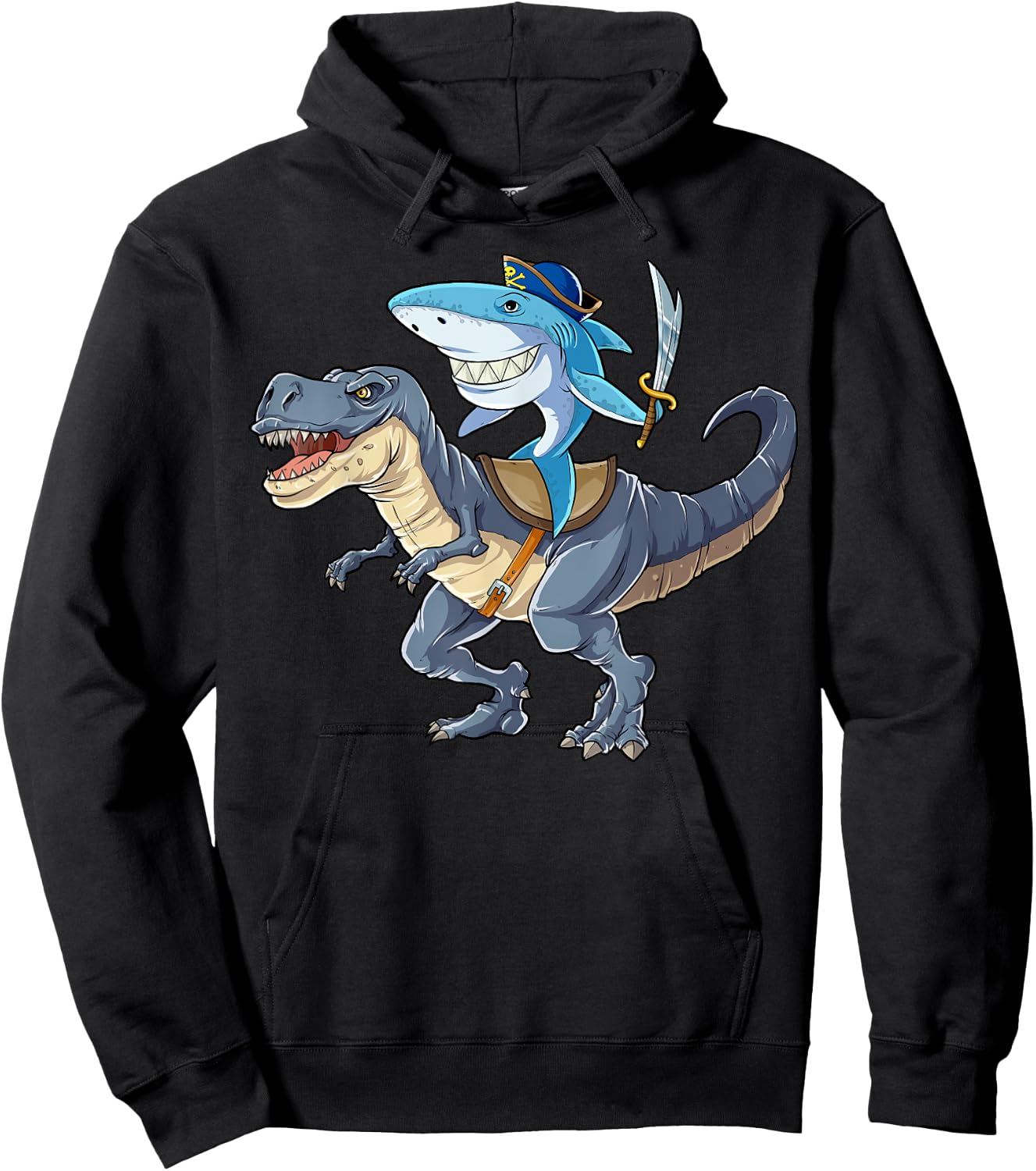 Shark Riding Dinosaur T rex T Shirt Pirate Jawsome Kids Hoodie - Hoodie | Black