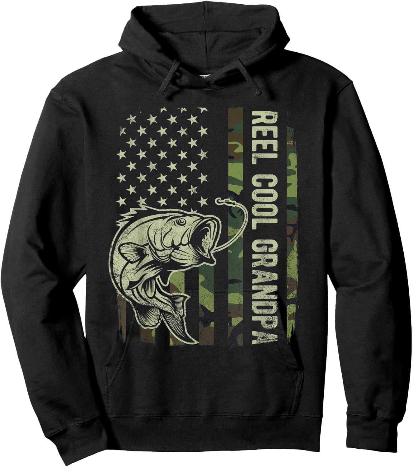 Reel Cool Grandpa Camouflage American Flag Fathers Day Hoodie - Hoodie | Black