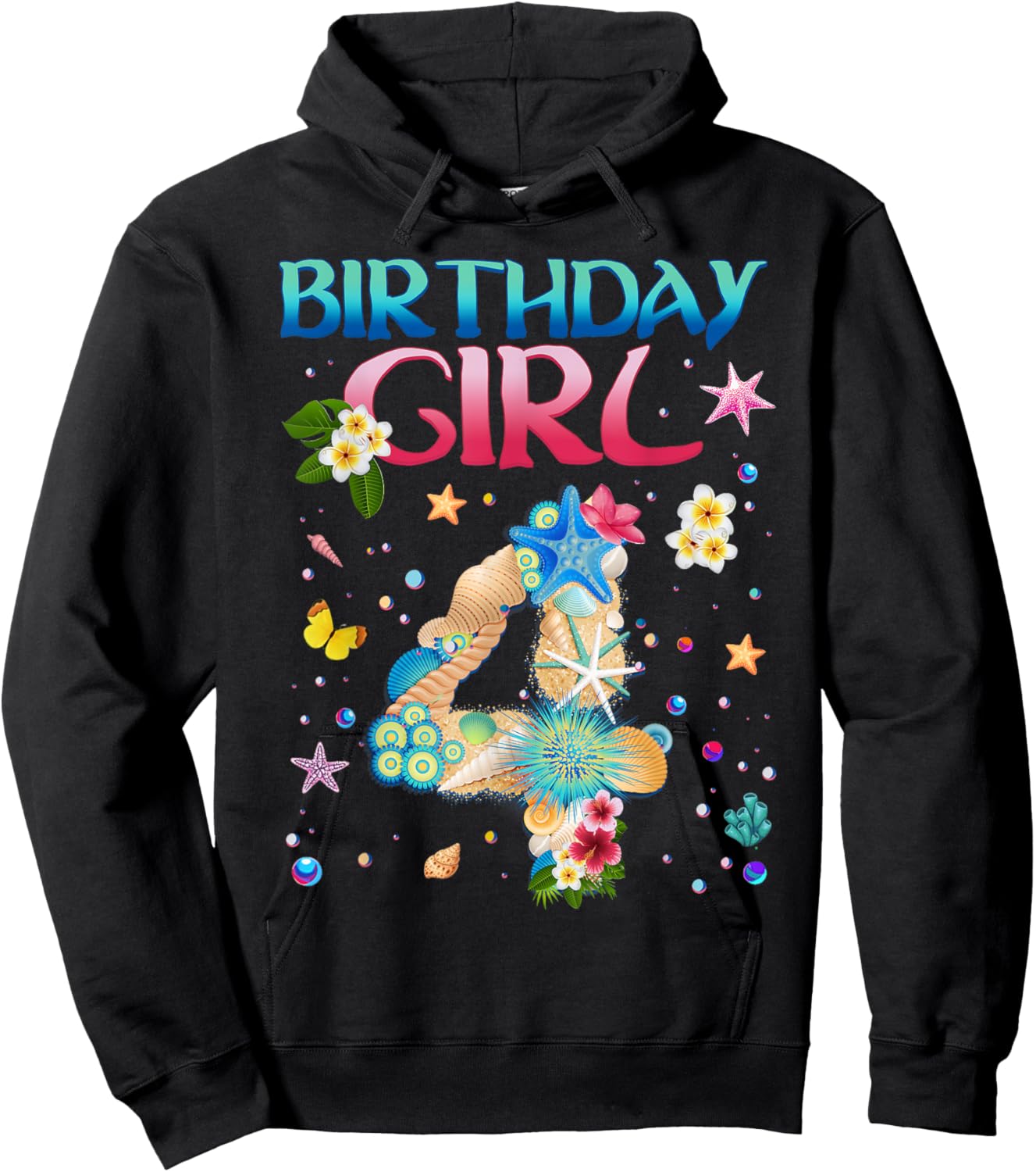 4 Years Old Birthday Girl Adventures In Oceania 4th Birthday Hoodie - Hoodie | Black