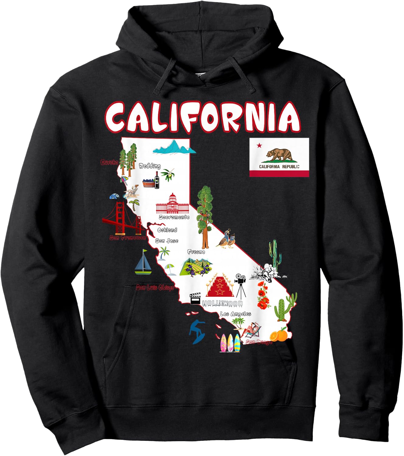 Map of California Landmarks, Major Cities, Flag Hoodie - Hoodie | Black