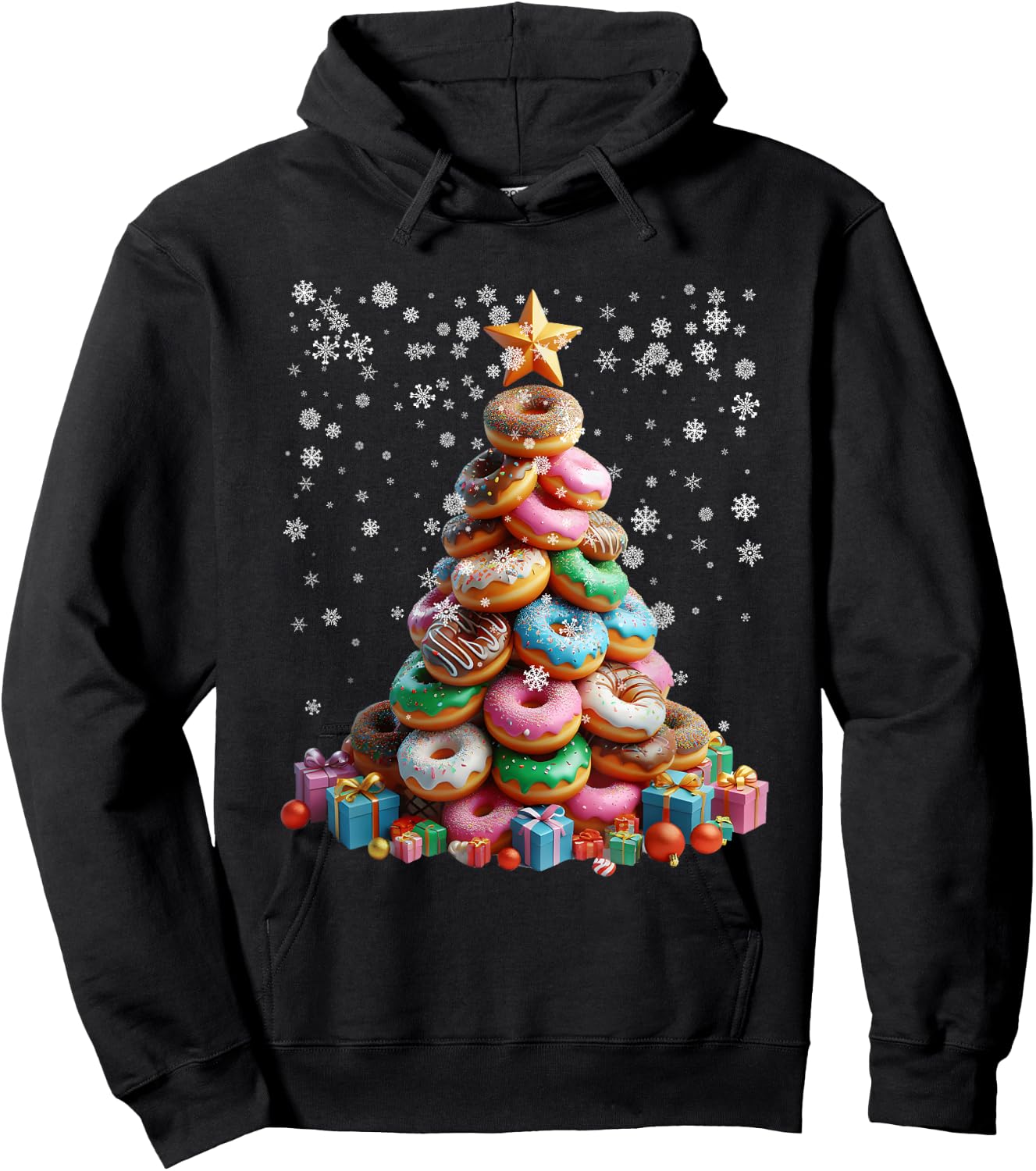 Funny Donuts Christmas Tree Lights Xmas Pjs Sweet Cake Hoodie - Hoodie | Black