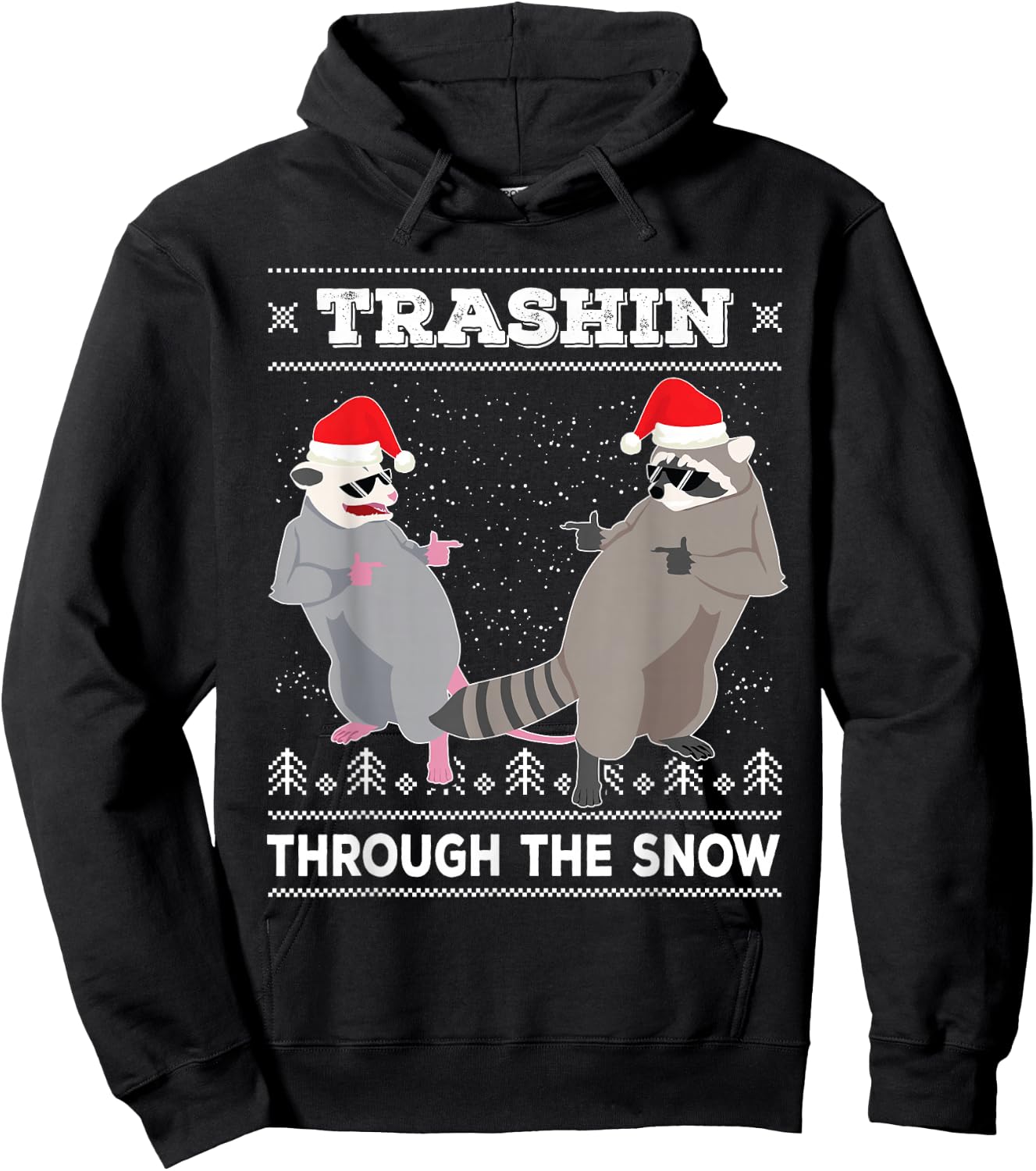 Trashin Through The Snow Garbage Gang Opossum Raccoon Santa Hoodie - Hoodie | Black