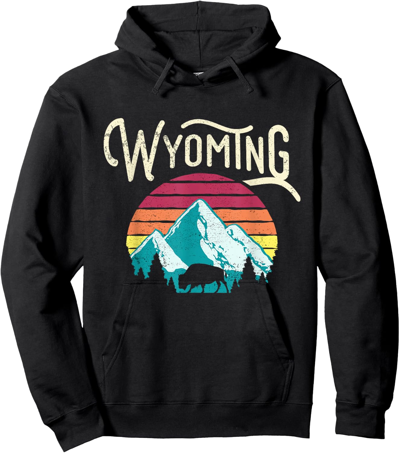 Retro Wyoming, WY Mountains State Wildlife Hoodie - Hoodie | Black