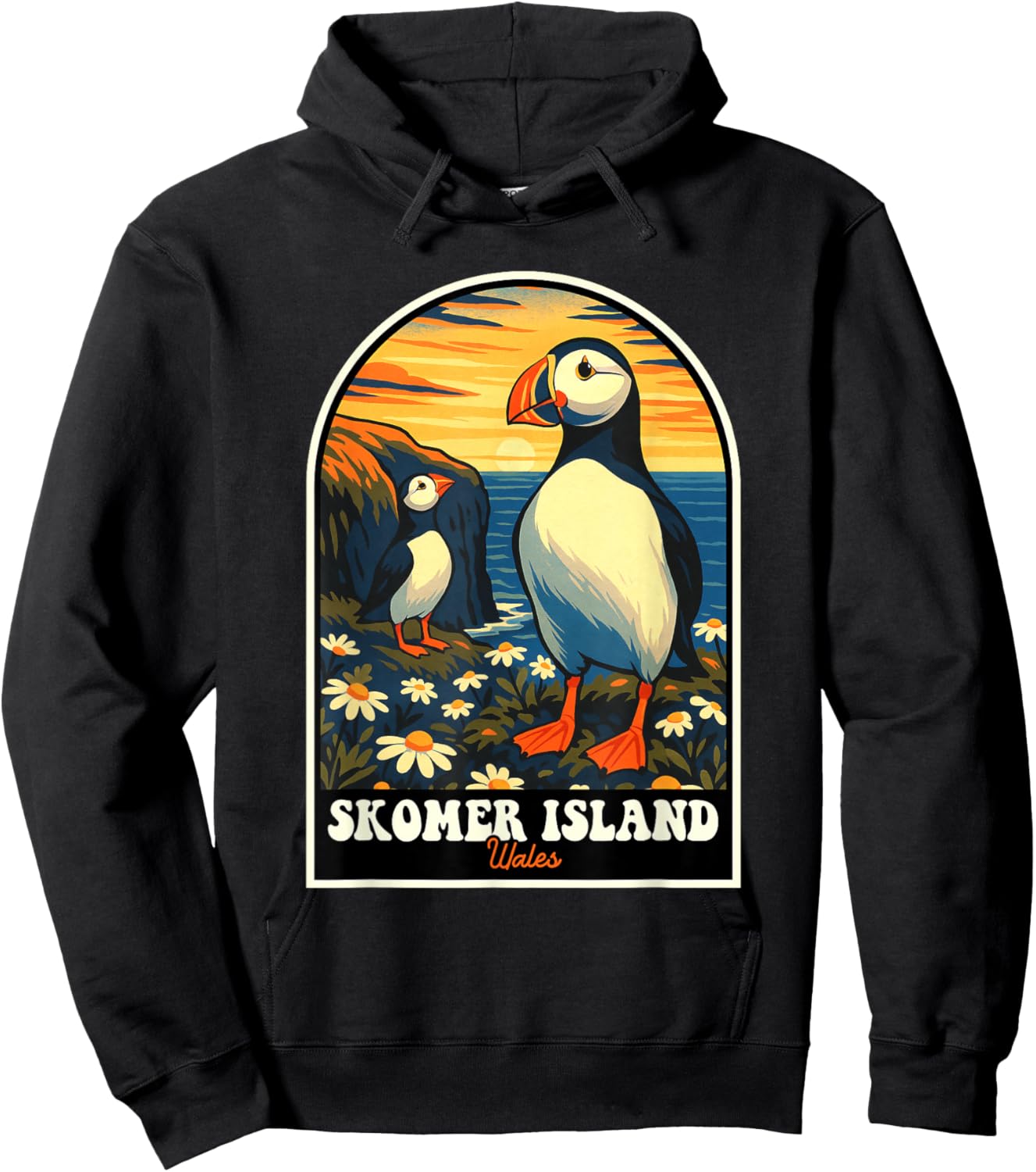Skomer Island Puffins Vintage Wales Travel Design Hoodie - Hoodie | Black