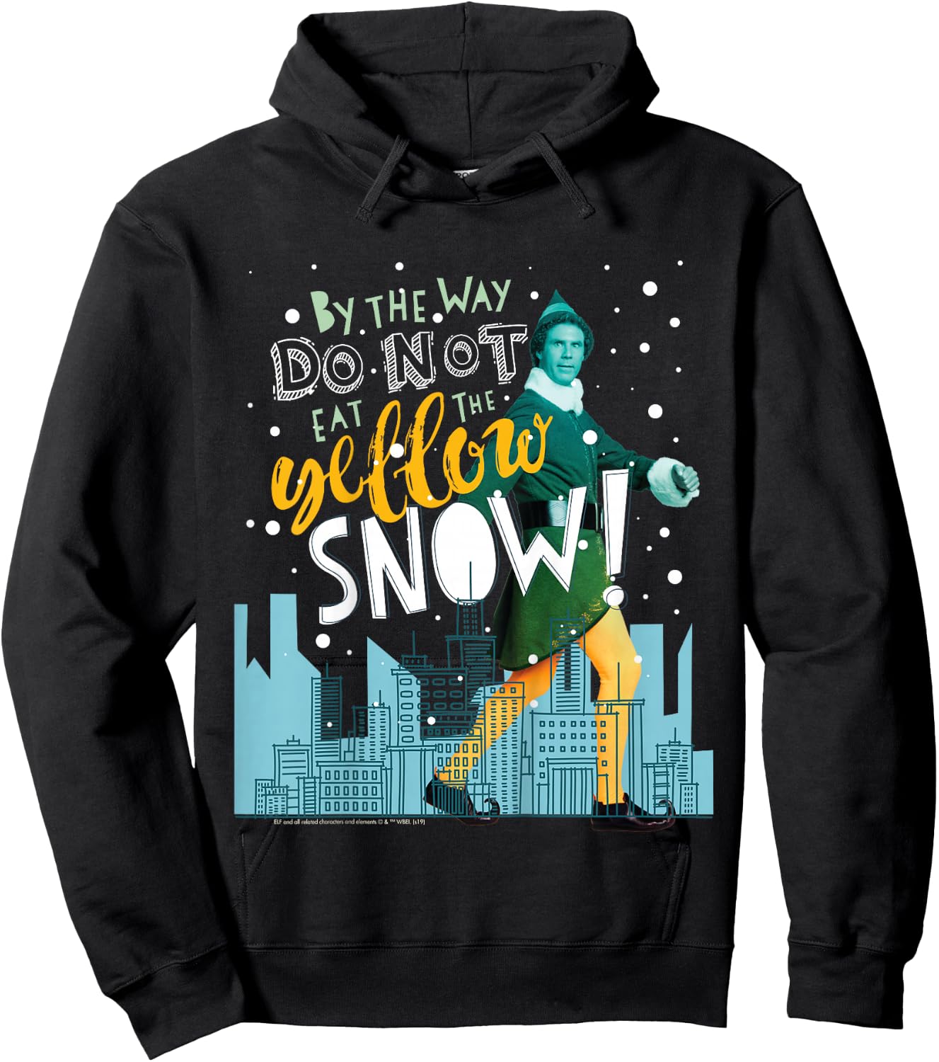Kids Elf Buddy Don't Eat The Yellow Snow Skyline Text Poster Hoodie - Hoodie | Black