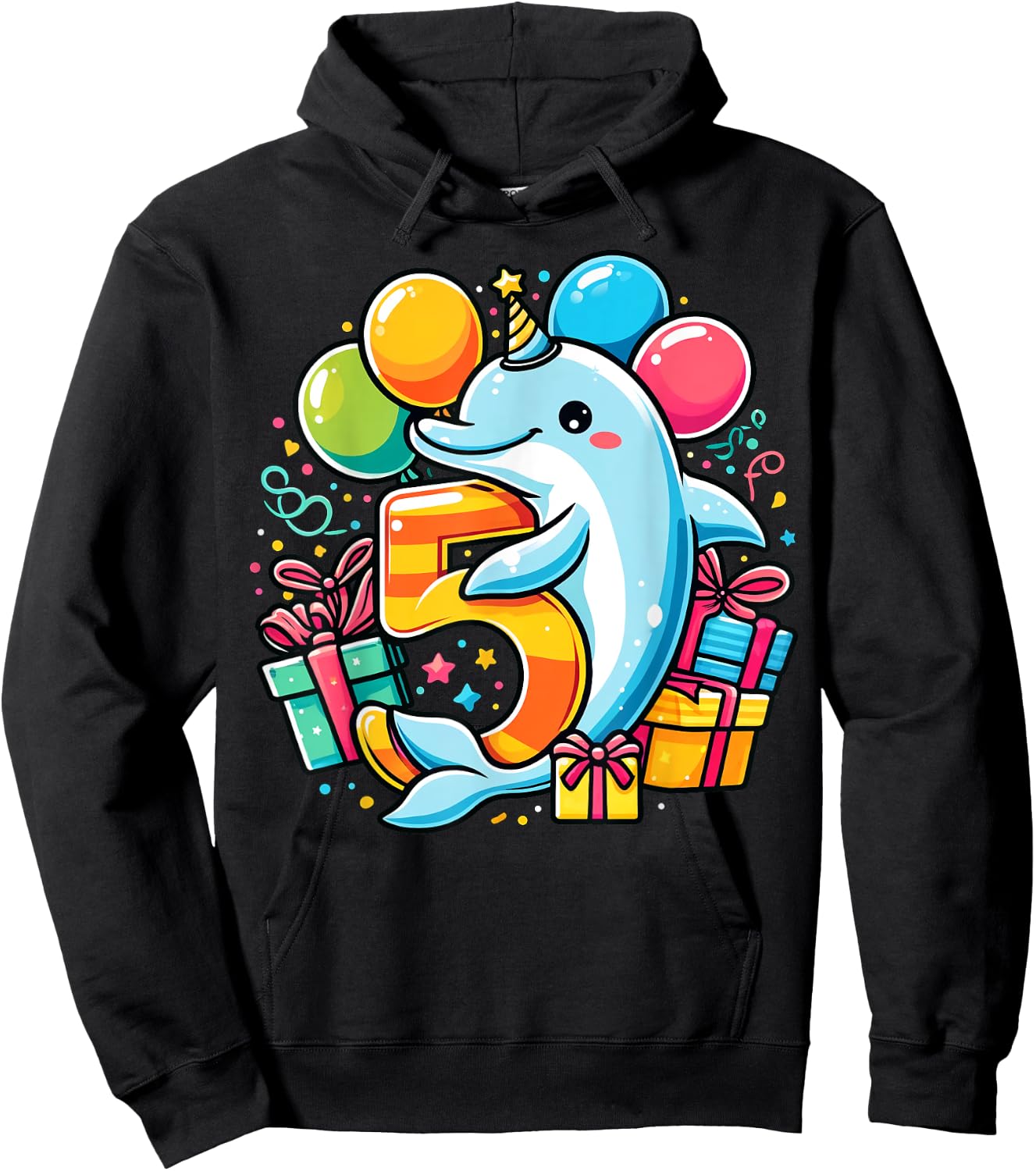 Kids Dolphin Theme fifth Bday Party 5th Dolphin Birthday Hoodie - Hoodie | Black