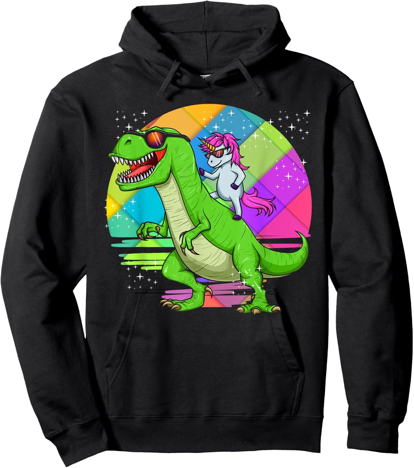 Unicorn Riding Dinosaur T Rex Rainbow Cute Fun Gift Hoodie - Hoodie | Black