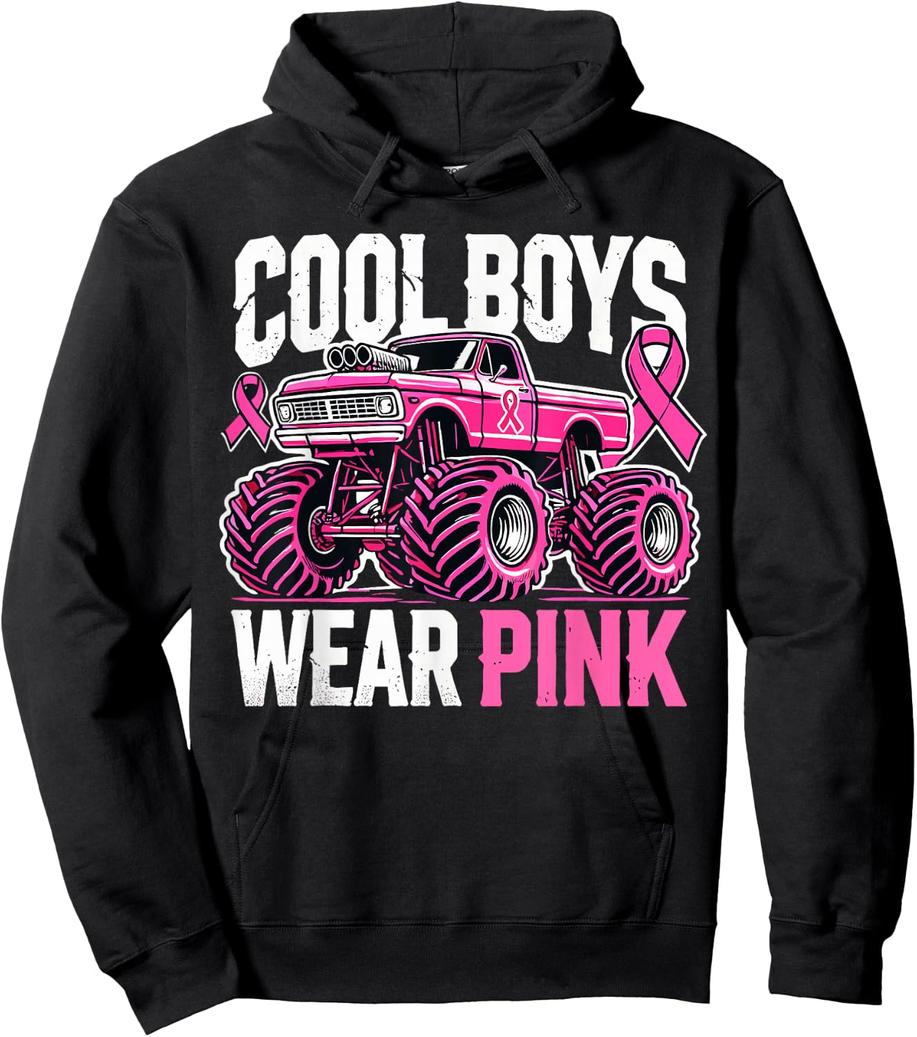 Monster Truck Breast Cancer Awareness Cool Boys Wear Pink Hoodie - Hoodie | Black