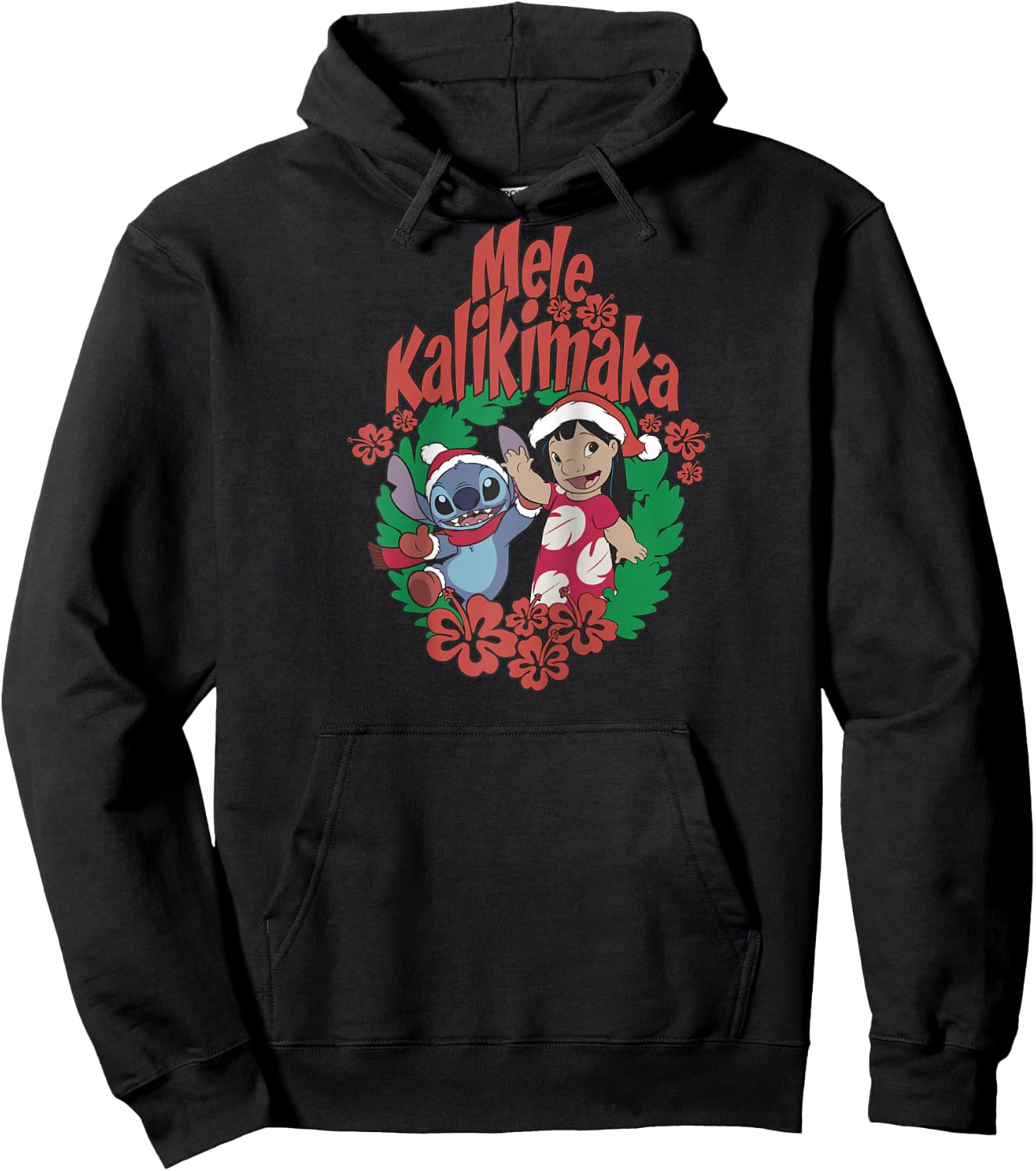 Disney Lilo & Stitch Christmas Mele Kalikimaka Wreath Raglan Baseball Hoodie - Hoodie | Black