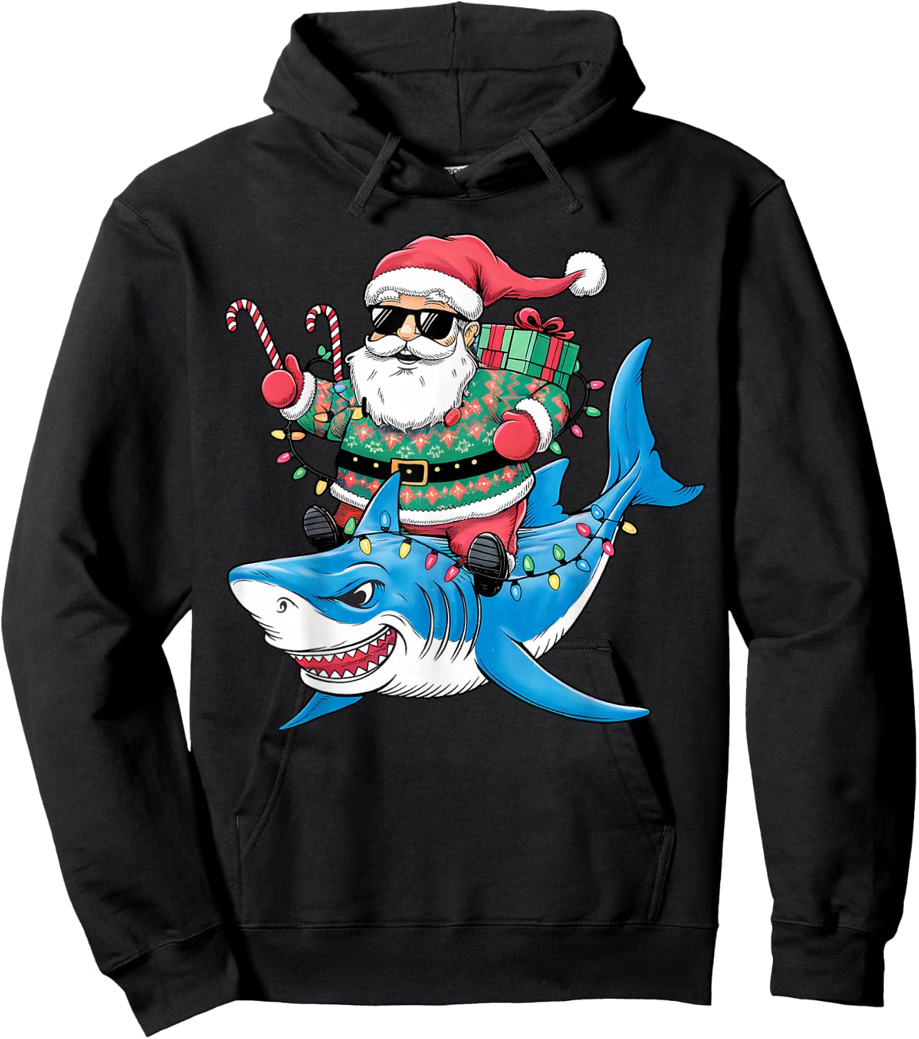 Merry Christmas Santa Claus Riding Shark Funny Christmas Hoodie - Hoodie | Black